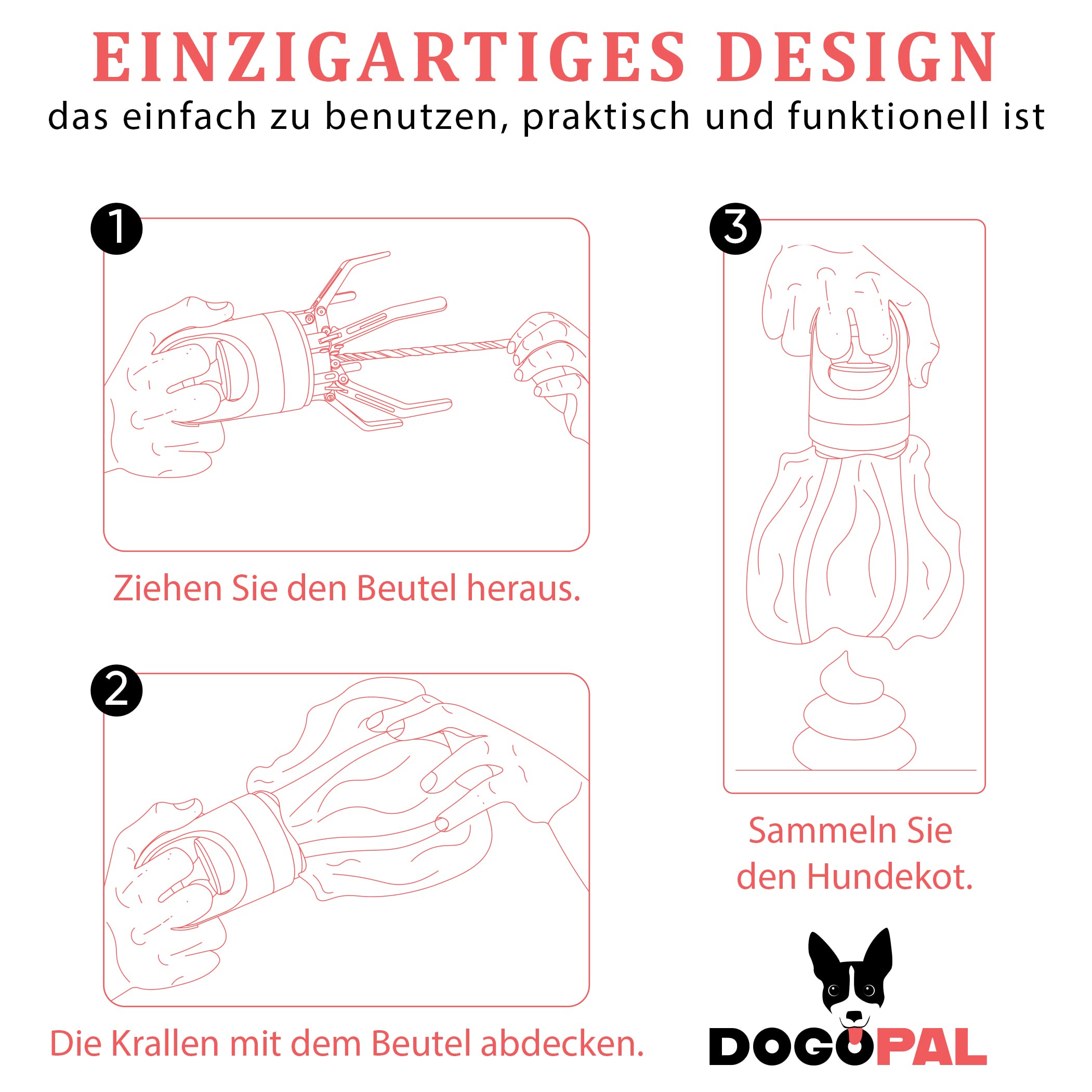 DOGOPAL 360 Hundekotgreifer mit Kotbeutelspender - Moderne Hundekotschaufel mit Hundekotbeutelspender - Pooper Scooper - Einfaches Aufsammeln von Hundekot für kleine, mittlere & große Hunde