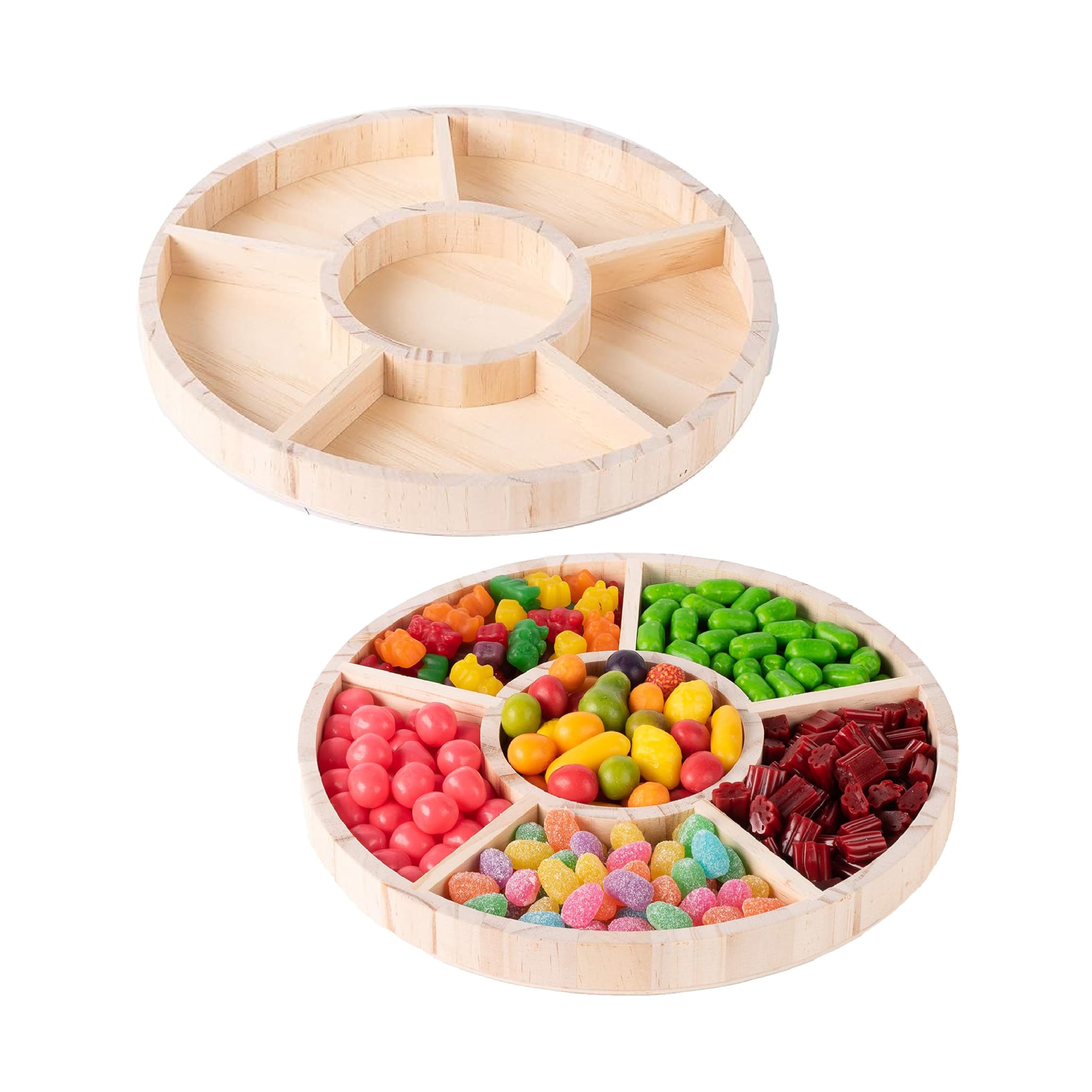 Hammont Round Wooden Tray – 2-Pack – 10″ x 1″ – 6 Section Divided Serving & Snack Platter for Appetizers, Veggies, Montessori Activities
