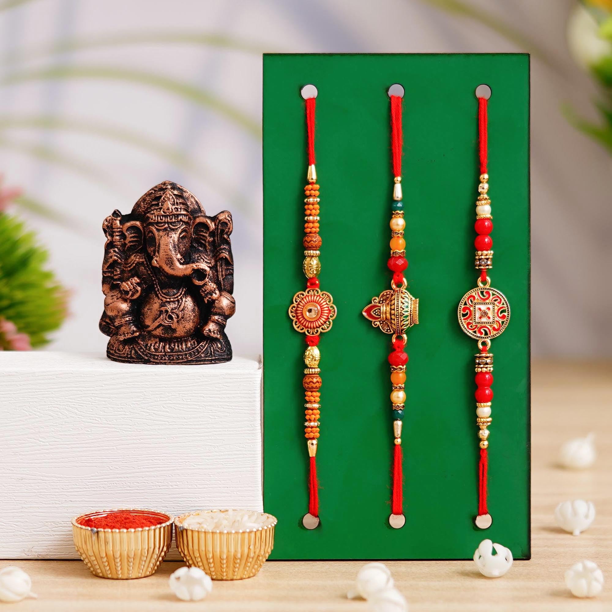Webelkart 3 Rakhi For Brother With Ganesha Idol Car Dashbord Rakhi For Bhaiya,kids and Bhabhi with Beautiful Rakshabandhan Greetings Card|Bhabhi Lumba Rakhi| Krishna Rakhi/Rakhi Gifts/Rakhi for mens
