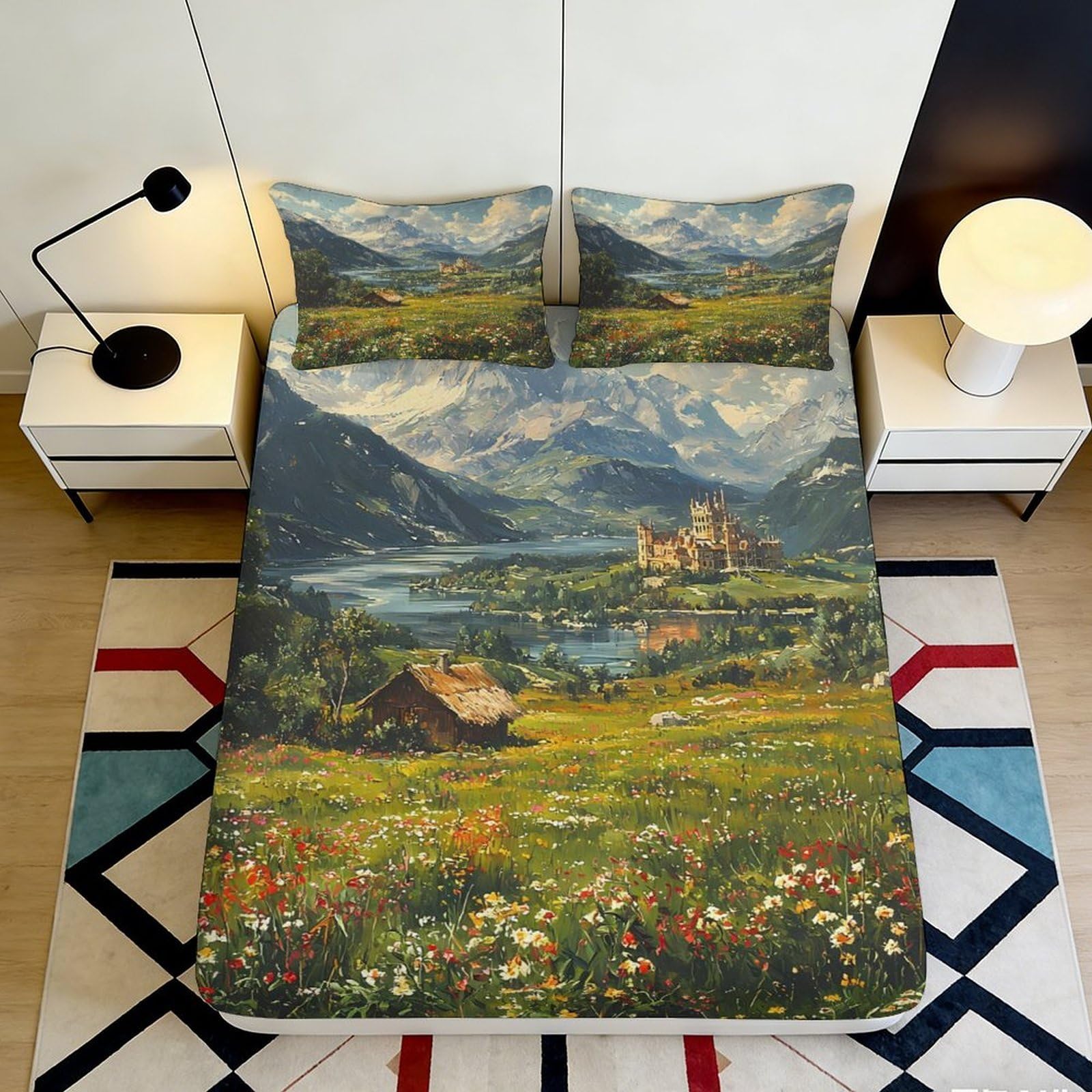 3D Printed Alpine Landscape Fitted Sheet Microfiber Scenic Meadow Bed Cover for Bedroom Guest Room Decor Anti-Slip Washable 90x200x25cm