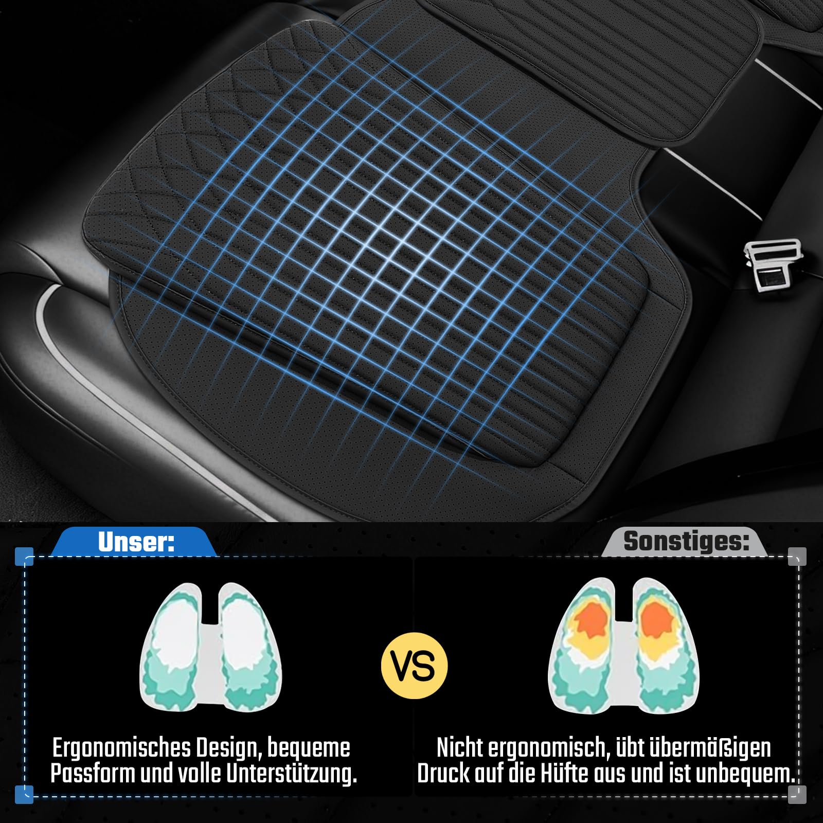 GEARMONSTER Universal Rücksitzauflage Auto, Sitzkissen für Rückbank, Weich & Atmungsaktiv, rutschfest, Nappa-Optik Kunstleder Autositzauflage, Schwarz