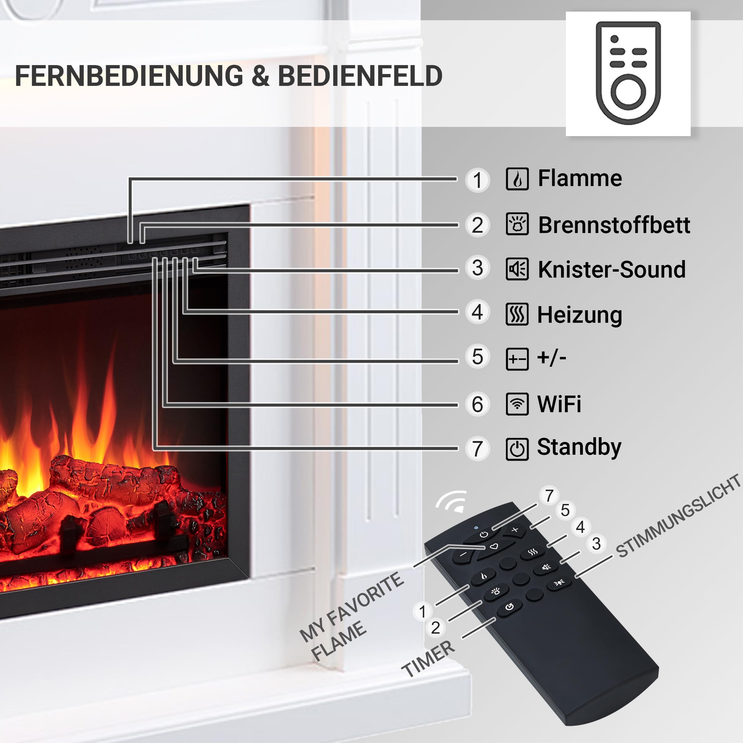 Elektrokamin BALDERIA Hikaru - Standkamin mit Heizung bis 2000W, 3D-Flammeneffekt, LED-Beleuchtung, Knister-Sound, App-Steuerung, WiFi, Fernbedienung, Timer, Thermostat - Weiß