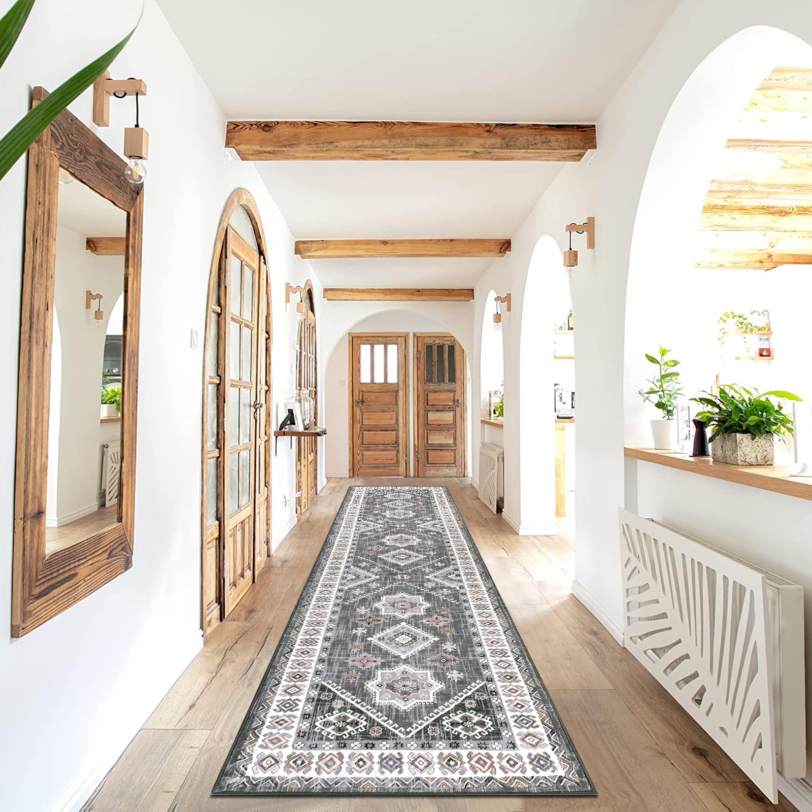 Waschbarer Läufer 60x150 Cm - Rutschfester Boho-Teppich Für Flur, Küche, Schlafzimmer, Grau-rosa