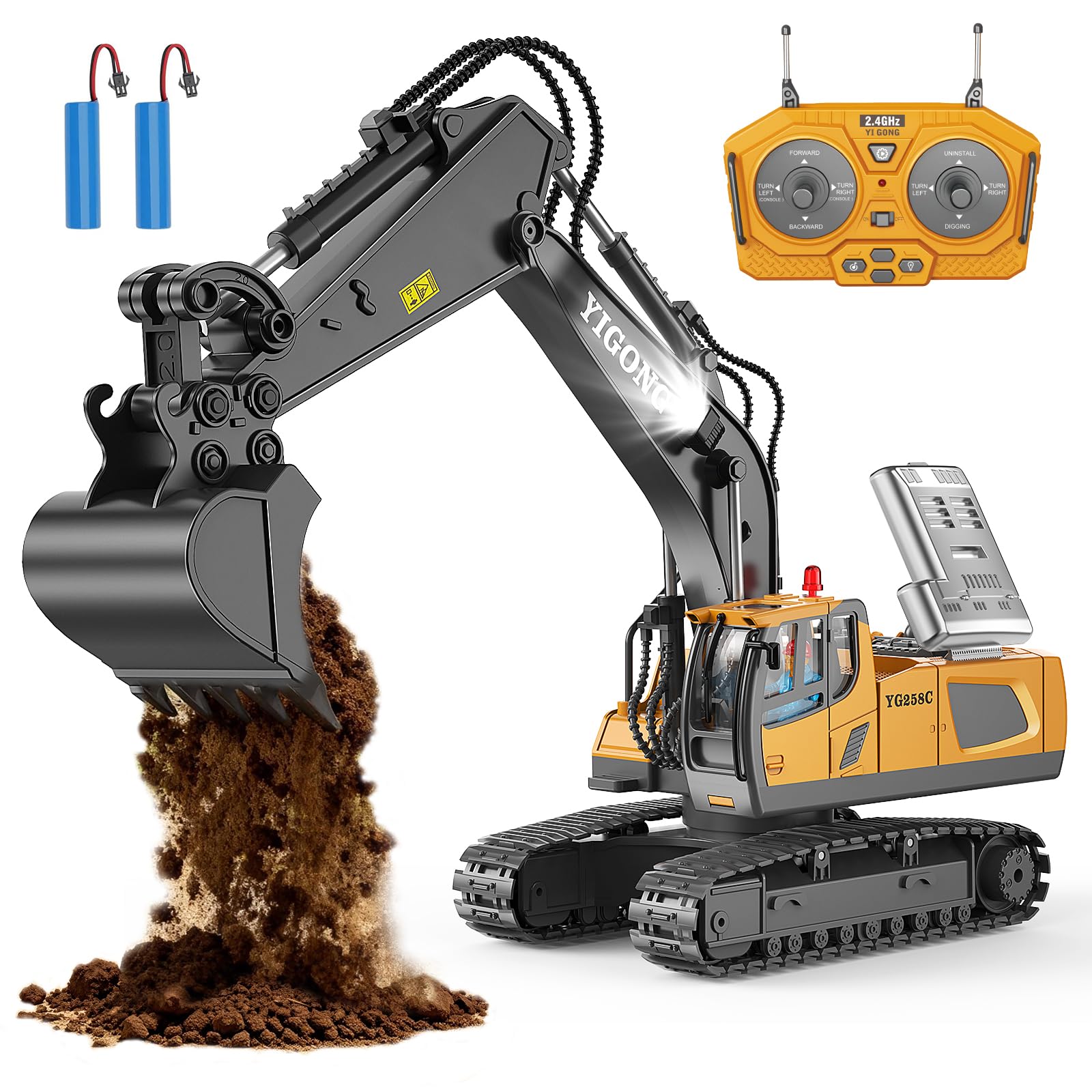 Remote Control Excavator Toy RC Play Excavator Construction Vehicles, 11CH 2.4Ghz RC Sand Digger with Metal Shovel & Light, Construction Truck Toys for Boys 3 4 5 6 7 8-12 Year Old Kids Birthday Gifts