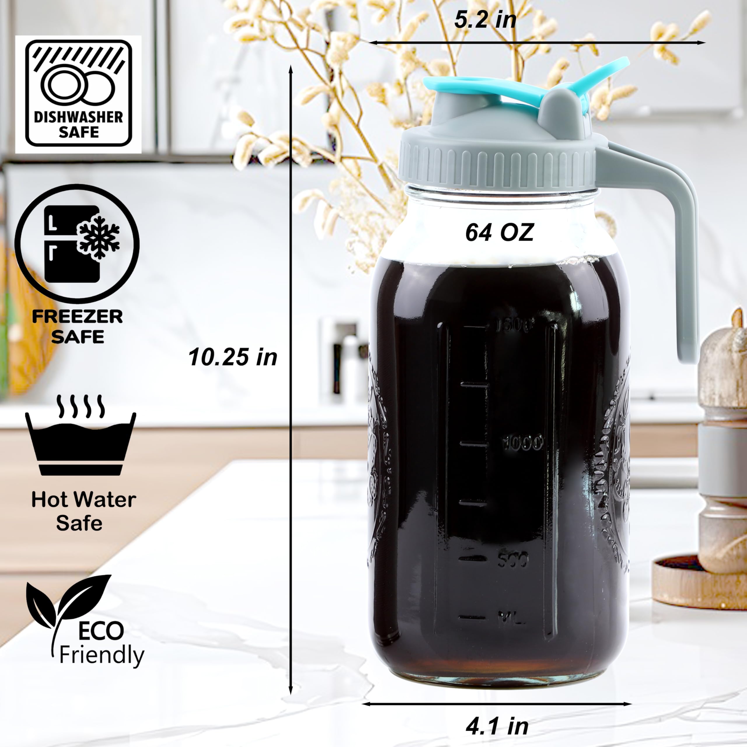 Cafetera fría de boca ancha de 64 onzas, 2 juegos de jarra de vidrio de medio galón con colador, jarra de cerveza fría de 2 cuartos de galón con tapas de boquilla para refrigerador, limonada, cerveza 5