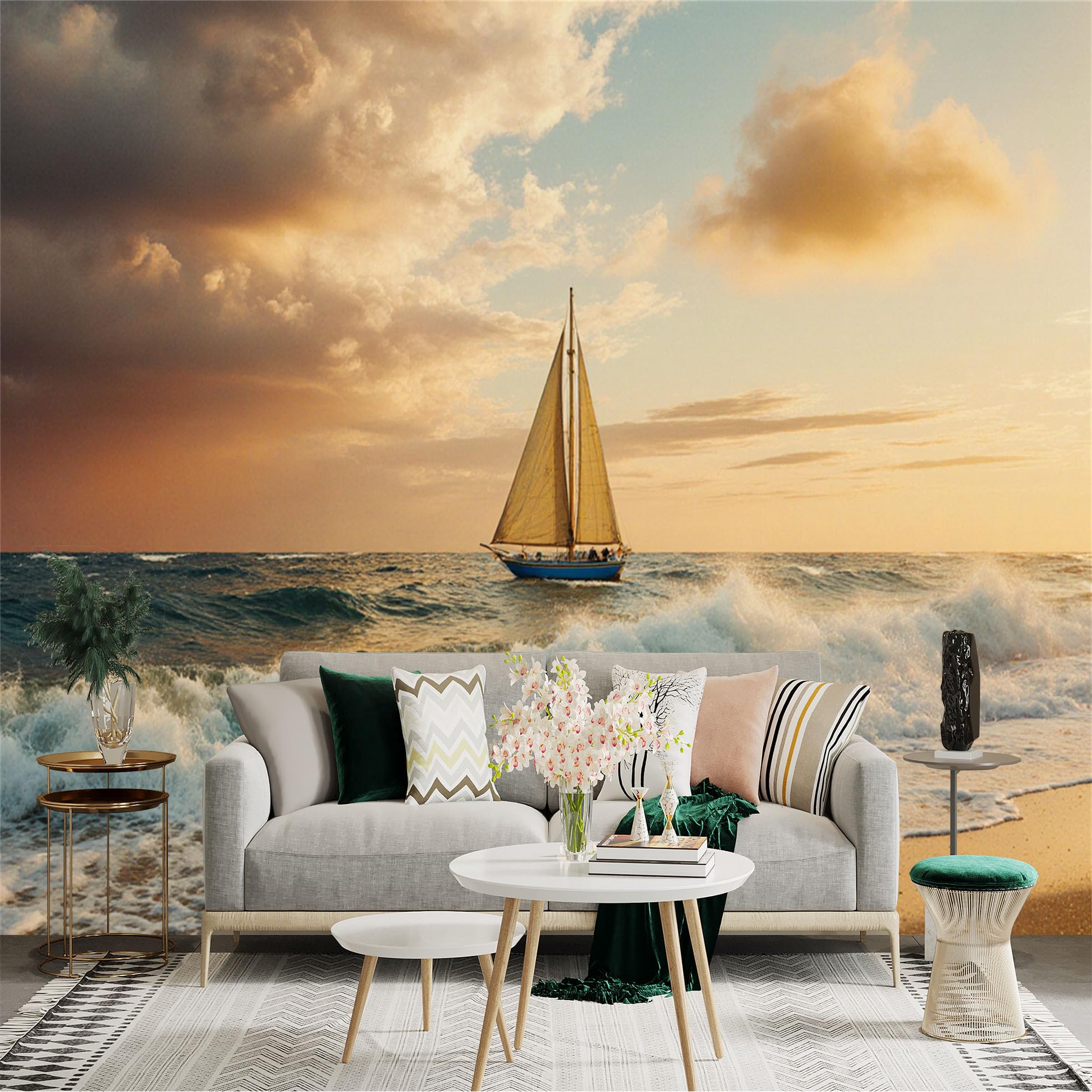 Custom Size Wall Sticker Mural， Sailboat on Ocean Waves at Sunset， Coastal Seascape， Calm Sea and Golden Clouds， for wall Decoration， peelandstick wall Decals.