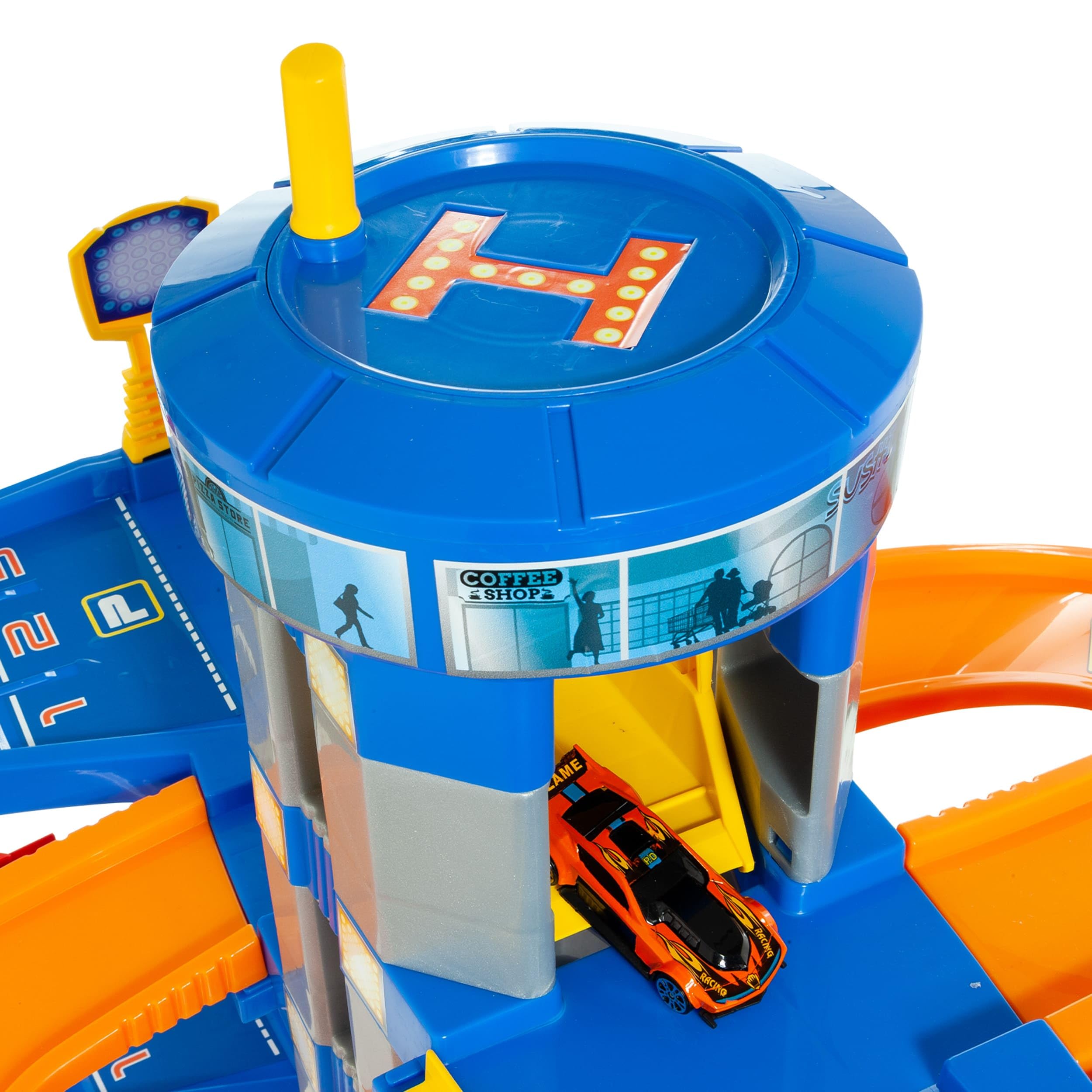 MOLTO Spielzeugparkplatz, 6 Pflanzen, blau, Kindergarage mit Rampen, Aufzug und 10 Autos – Fantasie- und Motorik-Spiel für Kinder ab 3 Jahren