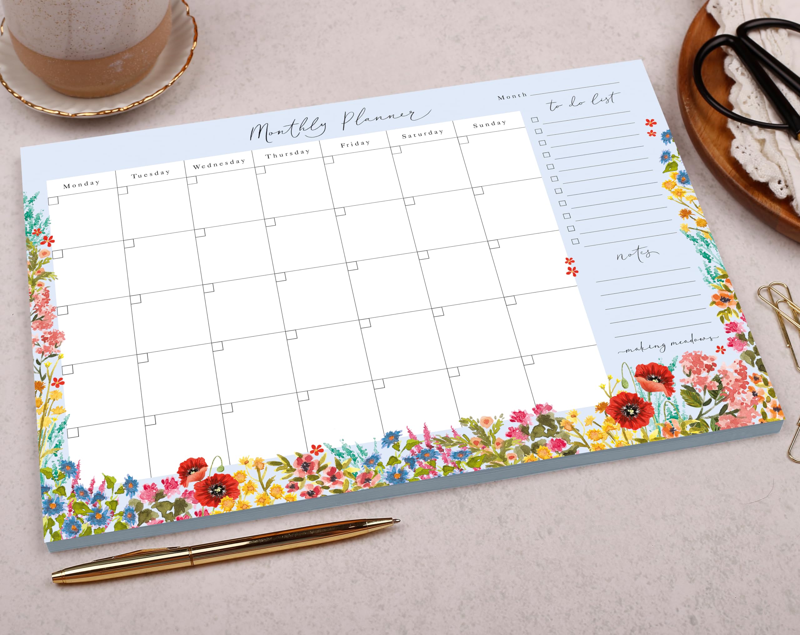 Making Meadows blue floral A4 monthly desk planner pad for office to do lists (50 Undated 100 gsm Sheets) - Image 3