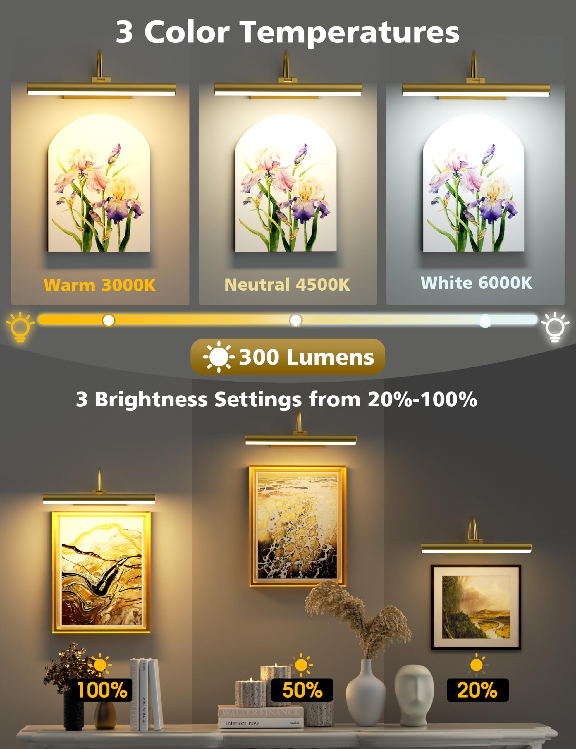 VOLISUN Picture Lights for Wall, 13 inch Rechargable Picture Light Battery Operated, 3 Color Temperatures Cordless Picture Light with Remote, Art Light for Paintings, Gallery, Portrait, 1 Pack (Gold)