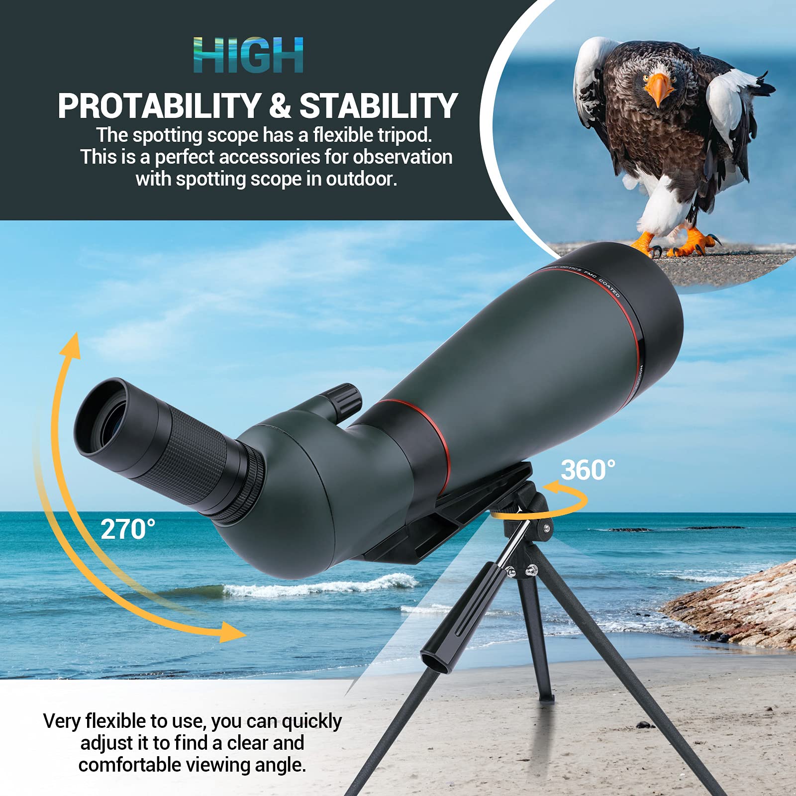 NOCOEX Vista lunga 25-75x 100mm impermeabile HD con treppiede, custodia per il trasporto, lente FMC per Bird Watching, Caccia, Turismo all'aperto Verde