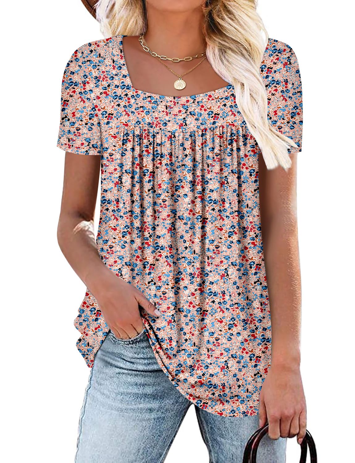 ZOLUCKY Womens Plus Size Short Sleeve Boho Tops Trendy Shirts Loose Fit Blouse Summer Tunic Top for Women S-3XL