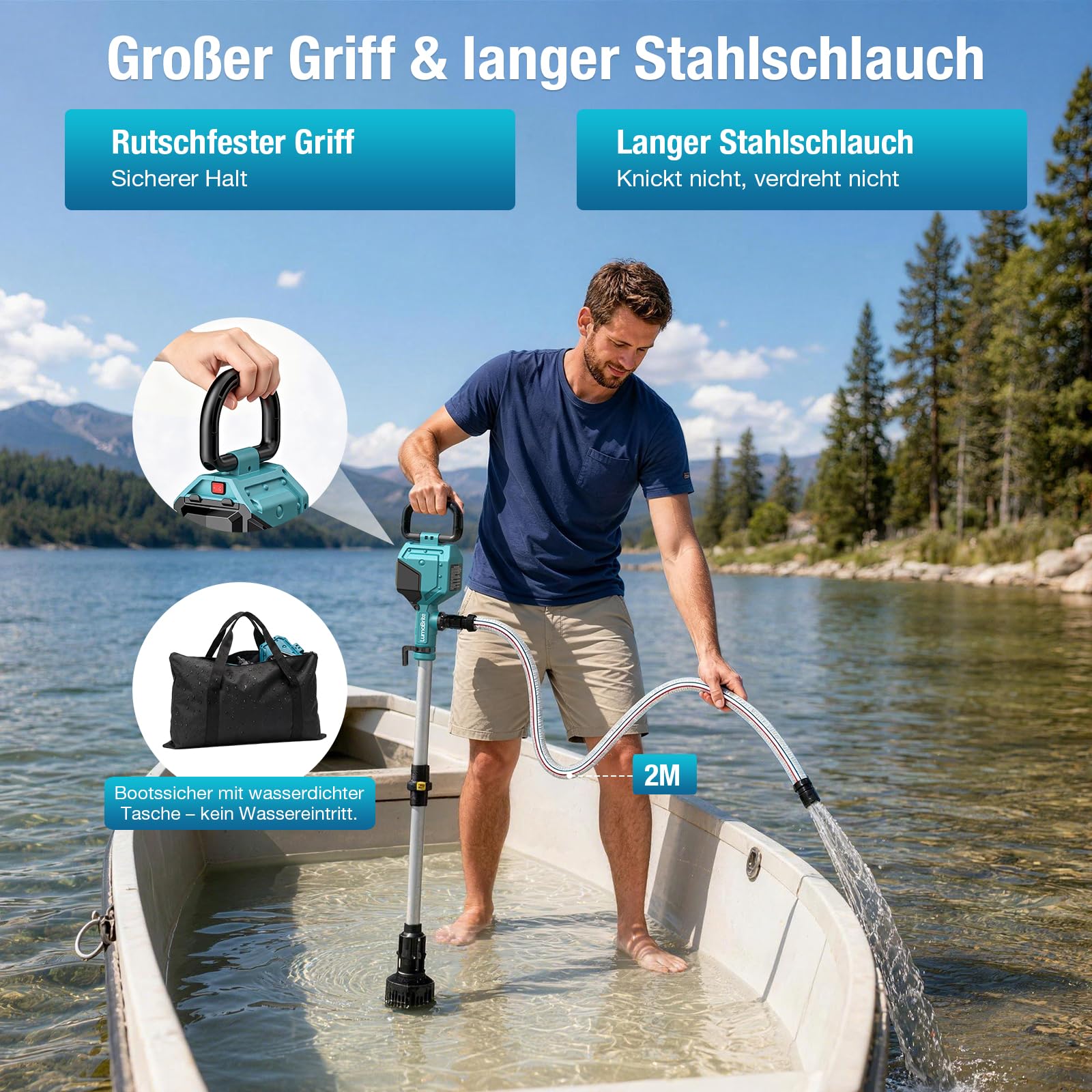 Akku Regenfasspumpe Kompatibel mit Makita 18V Wasserpumpe 2800 L/h und Förderhöhe 8 m, Ausziehbar, Bürstenlos Motor Automatisch Stop, Akku Wasserpumpe für Garten & Pool ((ohne Akku)