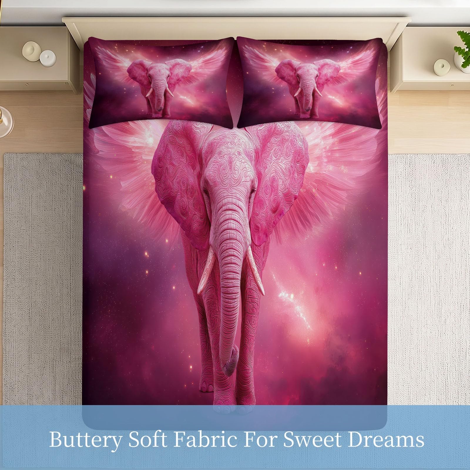 Juego de sábanas bajeras ajustables de 3 piezas, 160 x 200 cm, diseño de elefante, de microfibra, romántica, de color rosa, suave y agradable a la piel, transpirable, hipoalergénica, para colchones de