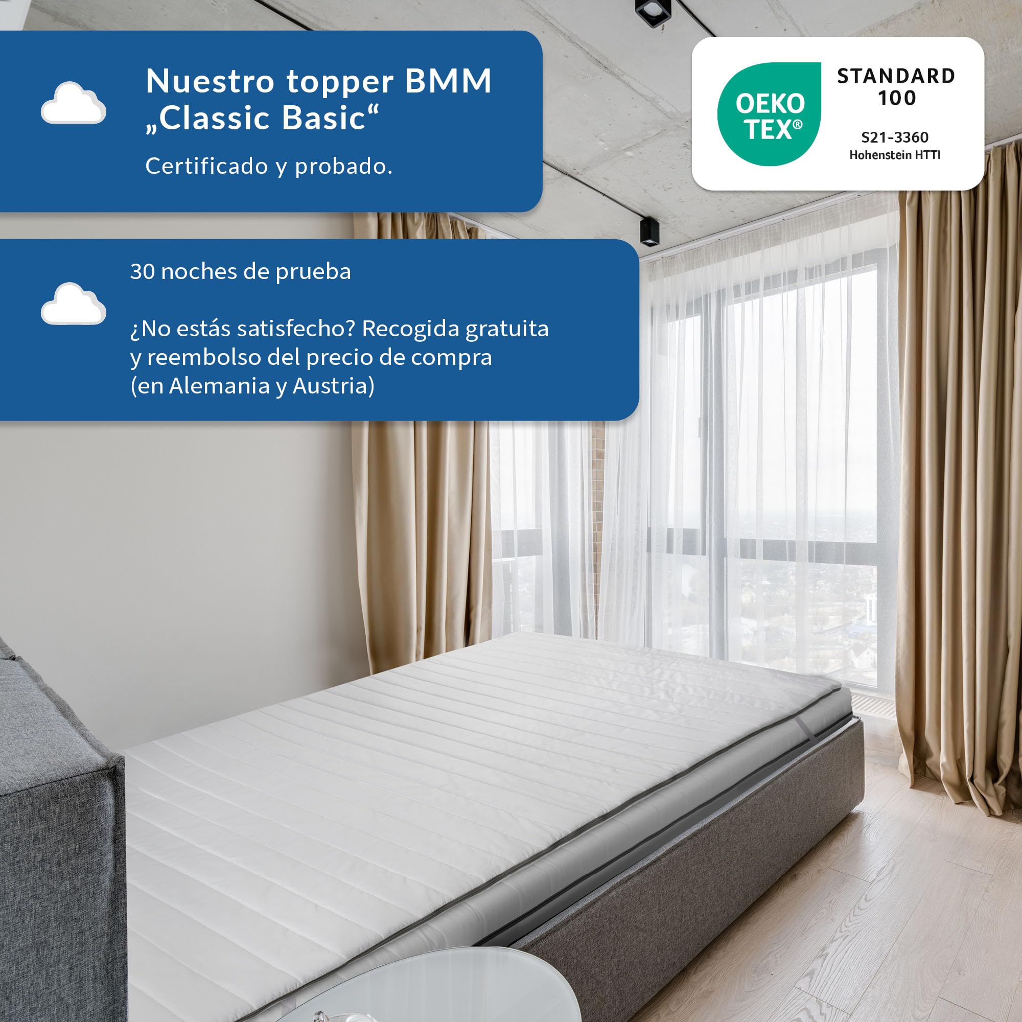 BMM Topper 140x200 cm Classic Basic, Grado de firmeza H2 Suave, Topper de Espuma fría, Certificado Öko-Tex, cubrecolchón ortopédico, Altura 4 cm, Topper producido en Alemania.
