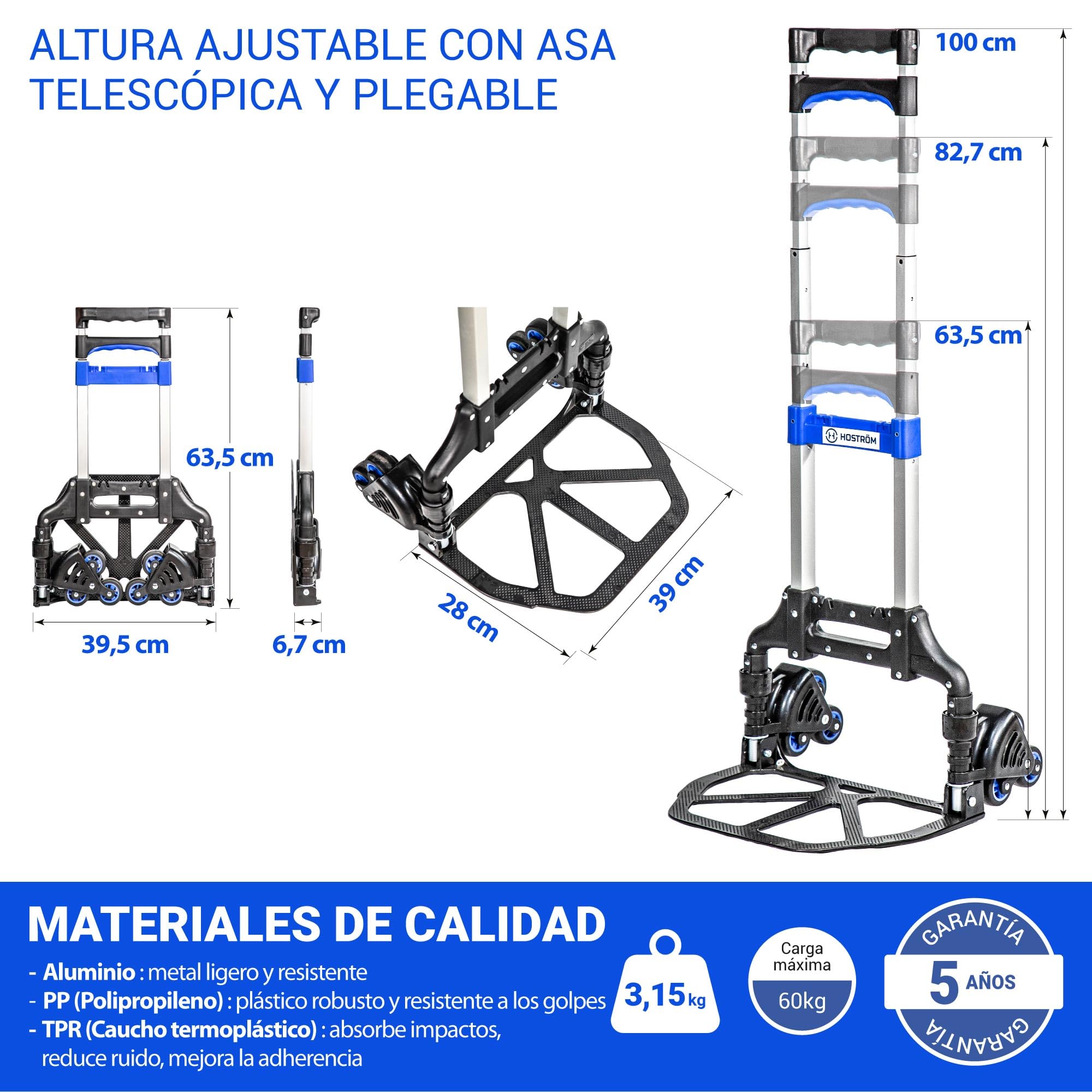 HOSTRÖM Carro Plegable para escaleras de Aluminio, 3 Ruedas, Carro de Transporte y mudanza Compacto, Carga máx. 60 kg, garantía 5 años.