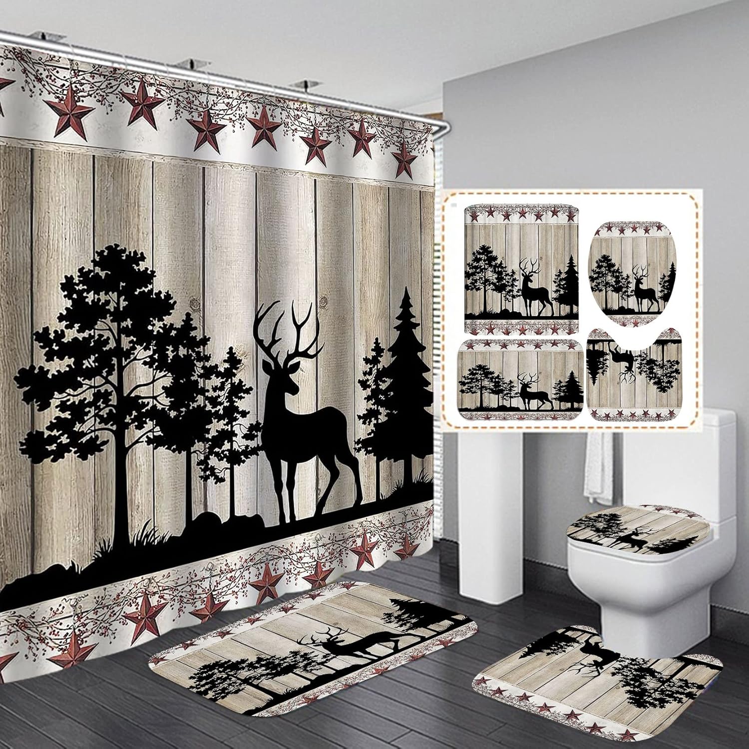 Jayden Madge 4PCS Cabin Shower Curtain Set, Country Berries
