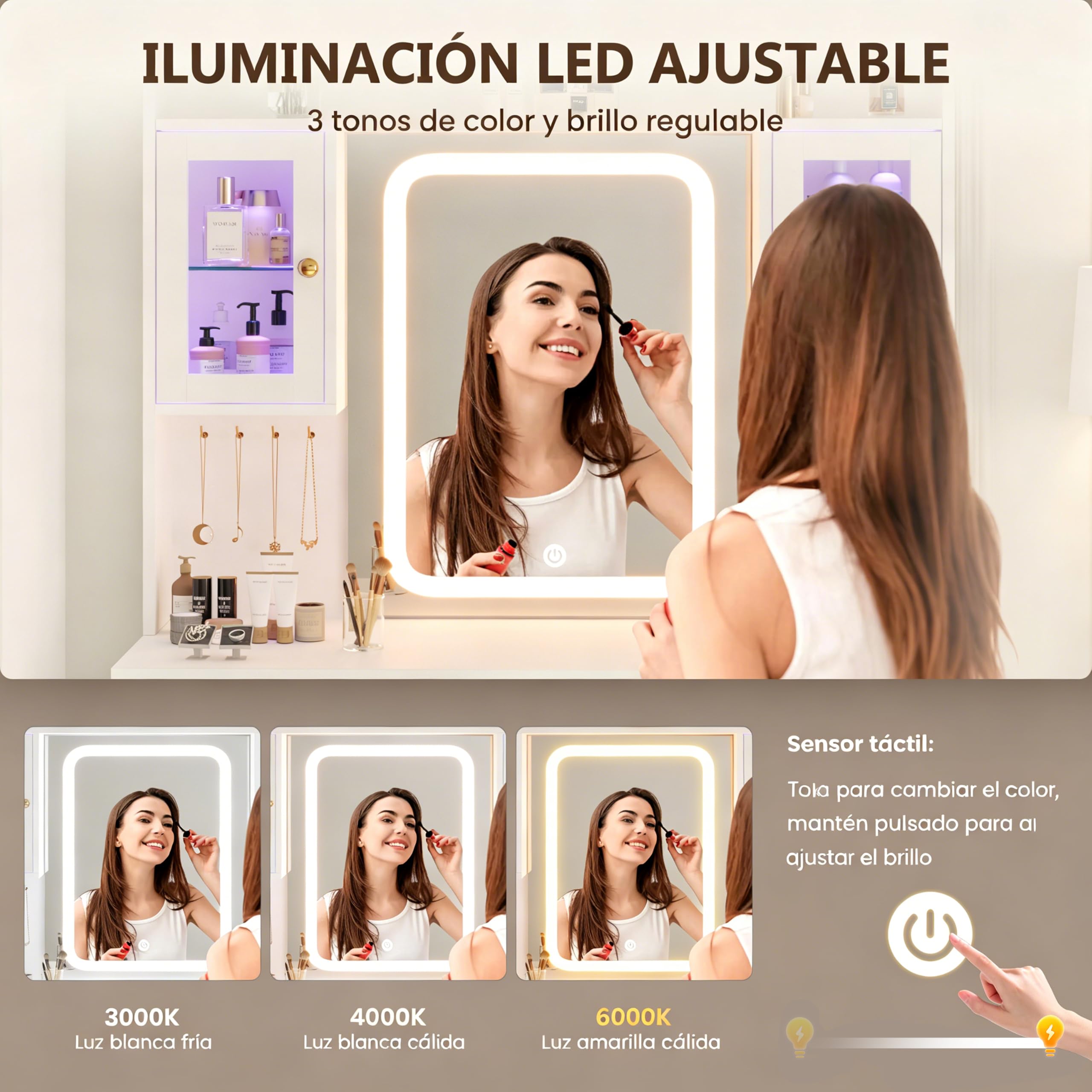 YOUDENOVA Tocador Maquillaje con Espejo LED, Tocador Grande con 2 Vitrinas RGB, 7 Cajones, Organizador de Joyas, Iluminación Regulable, Enchufes y USB Integrados, Mesa de Maquillaje Moderna, Blanco