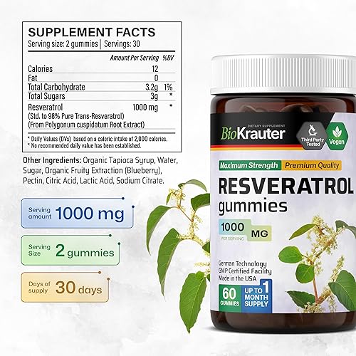 Miniatura 5 de Gomitas de resveratrol - Potente suplemento orgánico de resveratrol de 1000 mg - Biodisponible 98% puro Trans Resveratrol - Apoyo antioxidante - 60