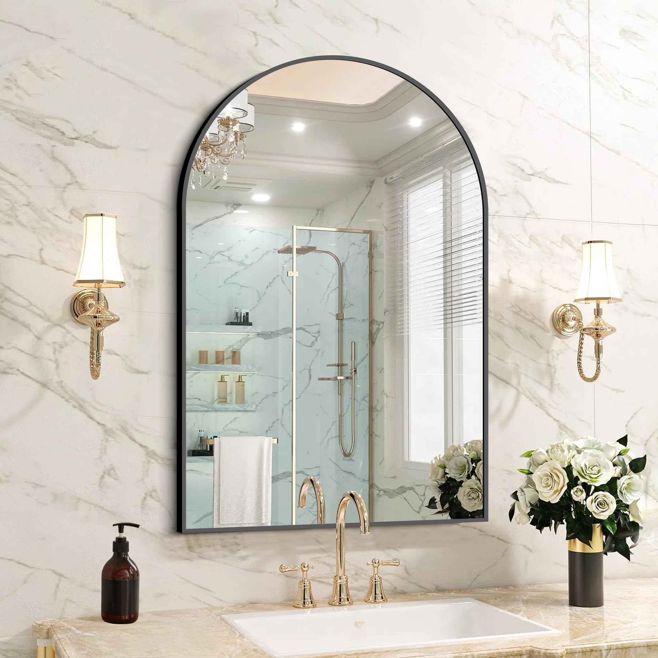 FORBATH Arched Mirror, 24"x36" Black Bathroom Mirror, Metal Framed Modern Vanity Mirror, Home Decor for Bathroom, Living Room, Mantle and Entryway, Hanging or Leaning Against Wall