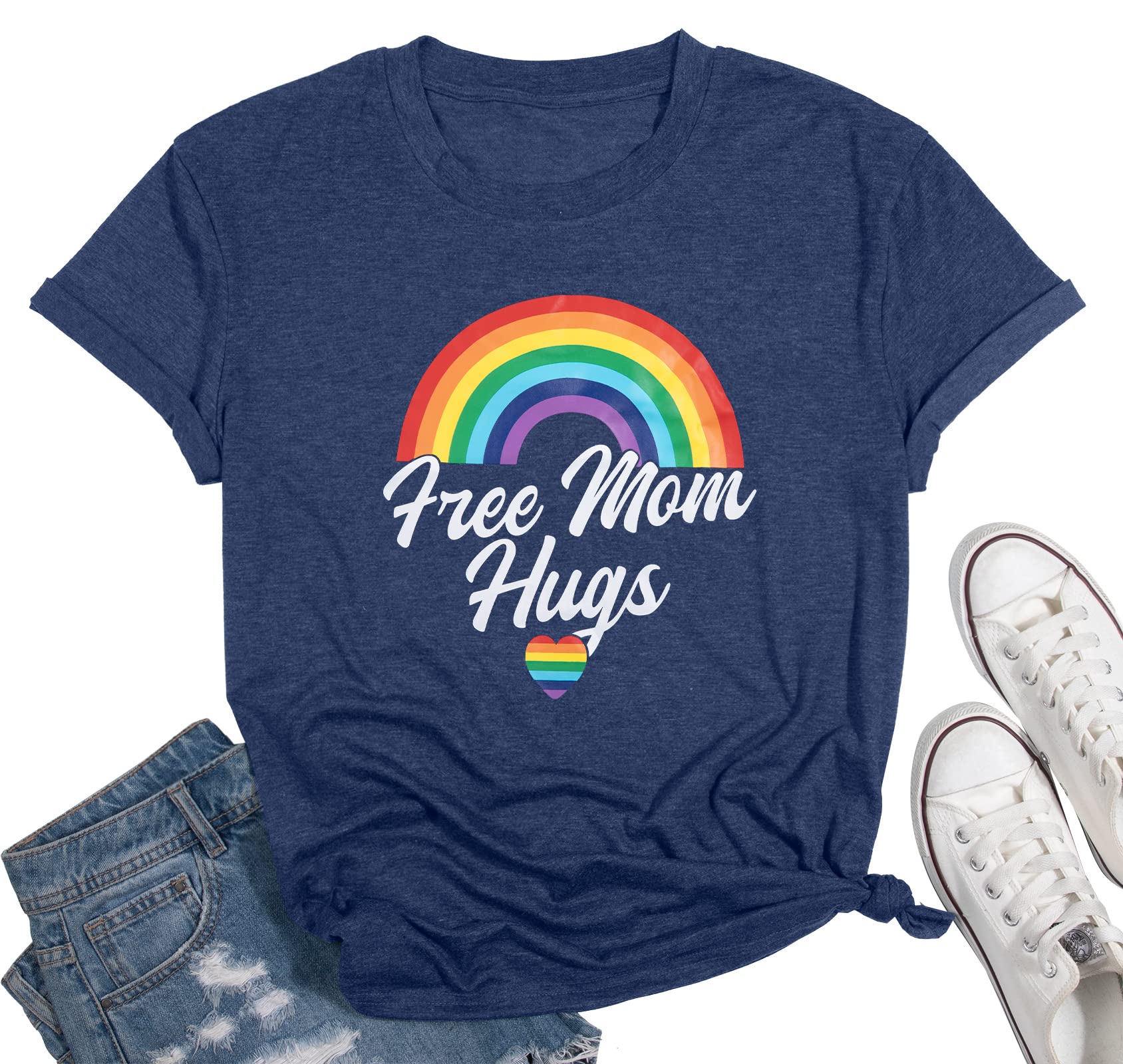 UNIQUEONEPride Shirt Women Free Mom Hugs Shirts Funny Rainbow Graphic Tees LGBT Equality Gift Casual Short Sleeve Tops