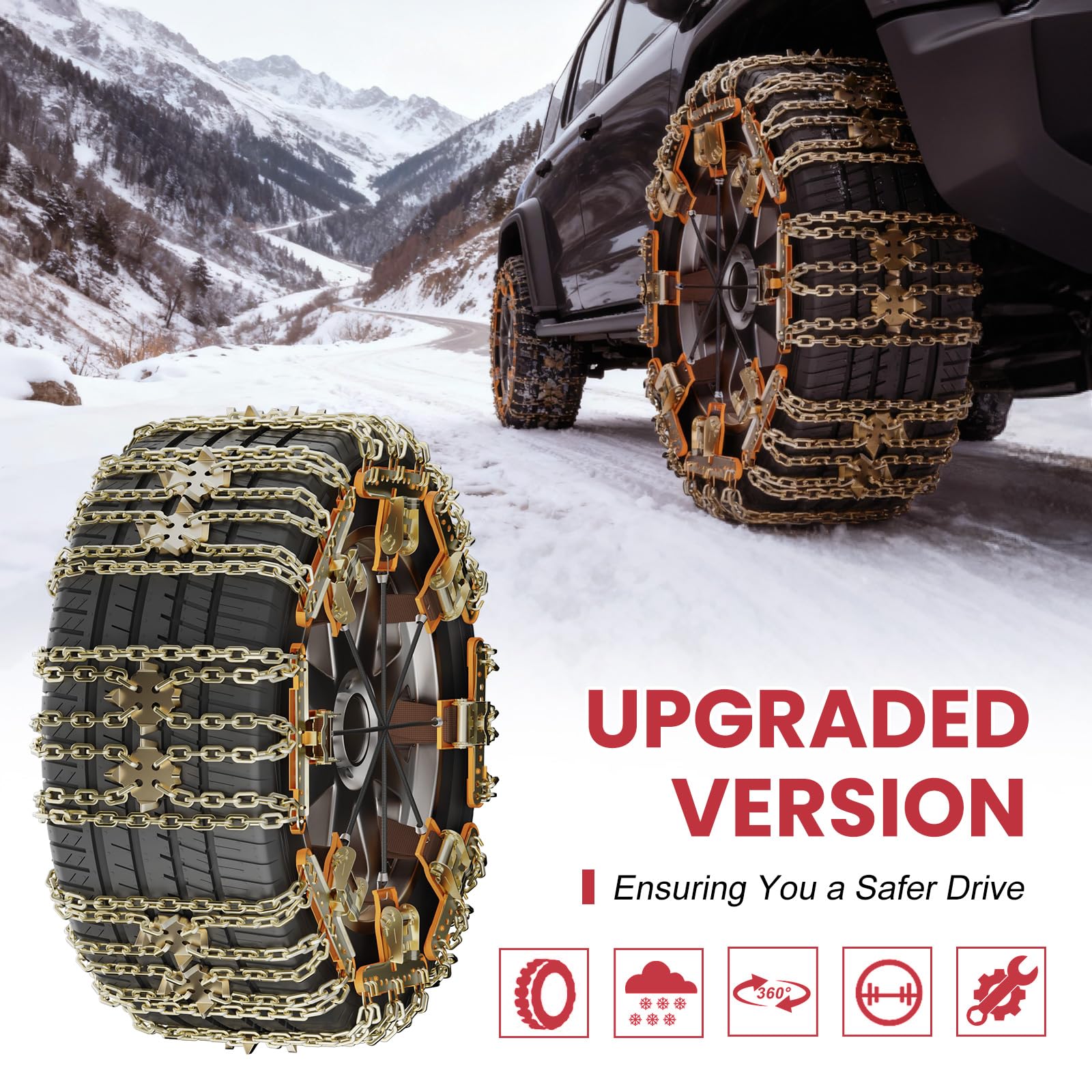 MOONCOOL Schneeketten Universal PKW, Winterketten 8 Stück(1 Satz) Leichte Montage für 215-285mm Auto Reifenbreite Anfahrhilfe Grid Design mit Handschuhe Haken Tragetasche Querseil für PKW, SUV, LKW