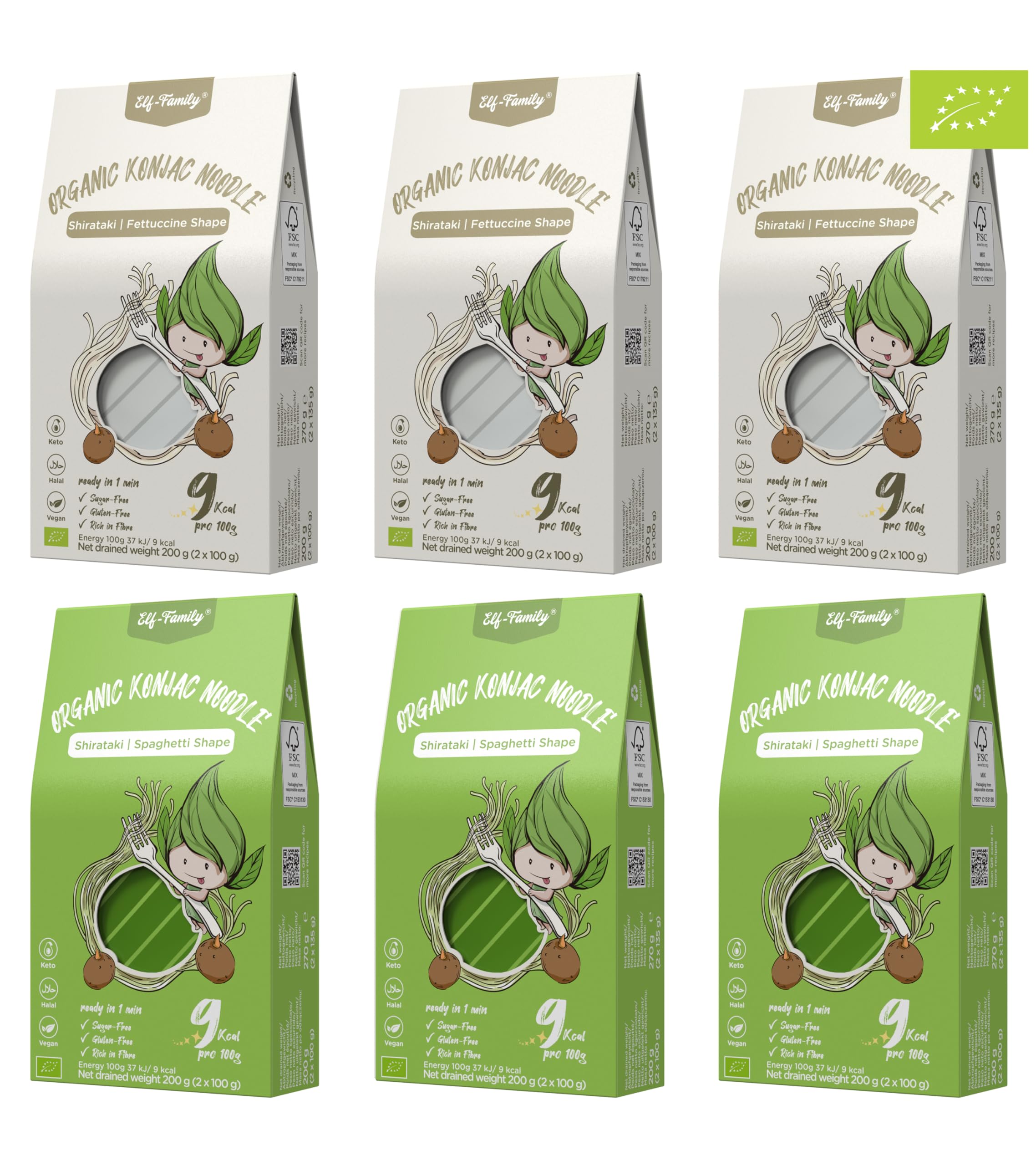 Elf-family Bio Pasta Konjak Carboidrati Ultra Bassi - Vegano Senza Glutine- 270g x6 Scatole(per 12 Porzioni), Noodles Shirataki Noodles Ipocalorica/Senza Zucchero - Spaghetti&Fettuccine