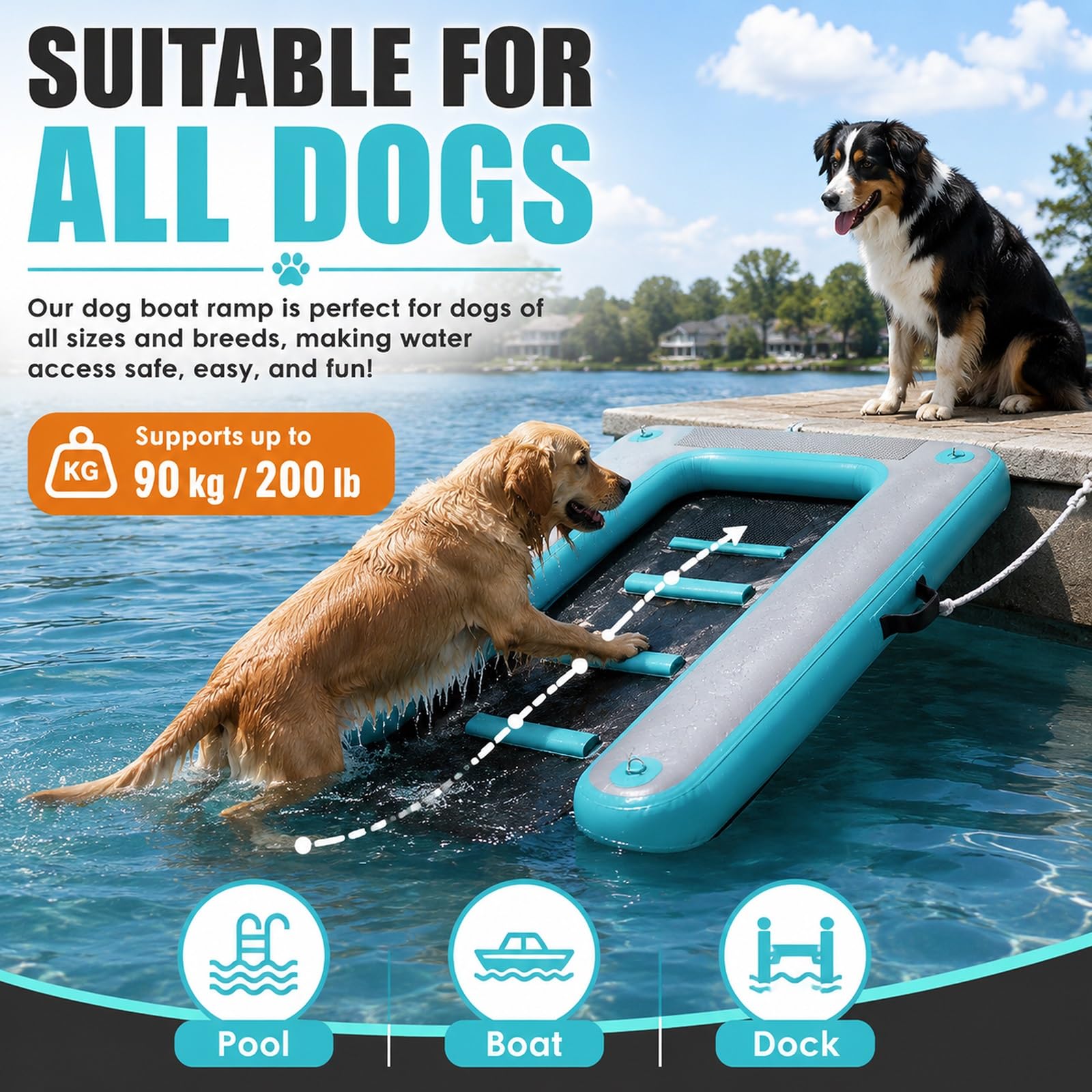 Rampa de Agua Para Perros Rampa Inflable Flotante Para Perros (escalera/rampa), Plataforma Portátil Tipo Escalera Para Piscinas, Muelles, Lagos, Barcos Y Playas; Apta Para(Blue,H 10cm(3 9/10"))