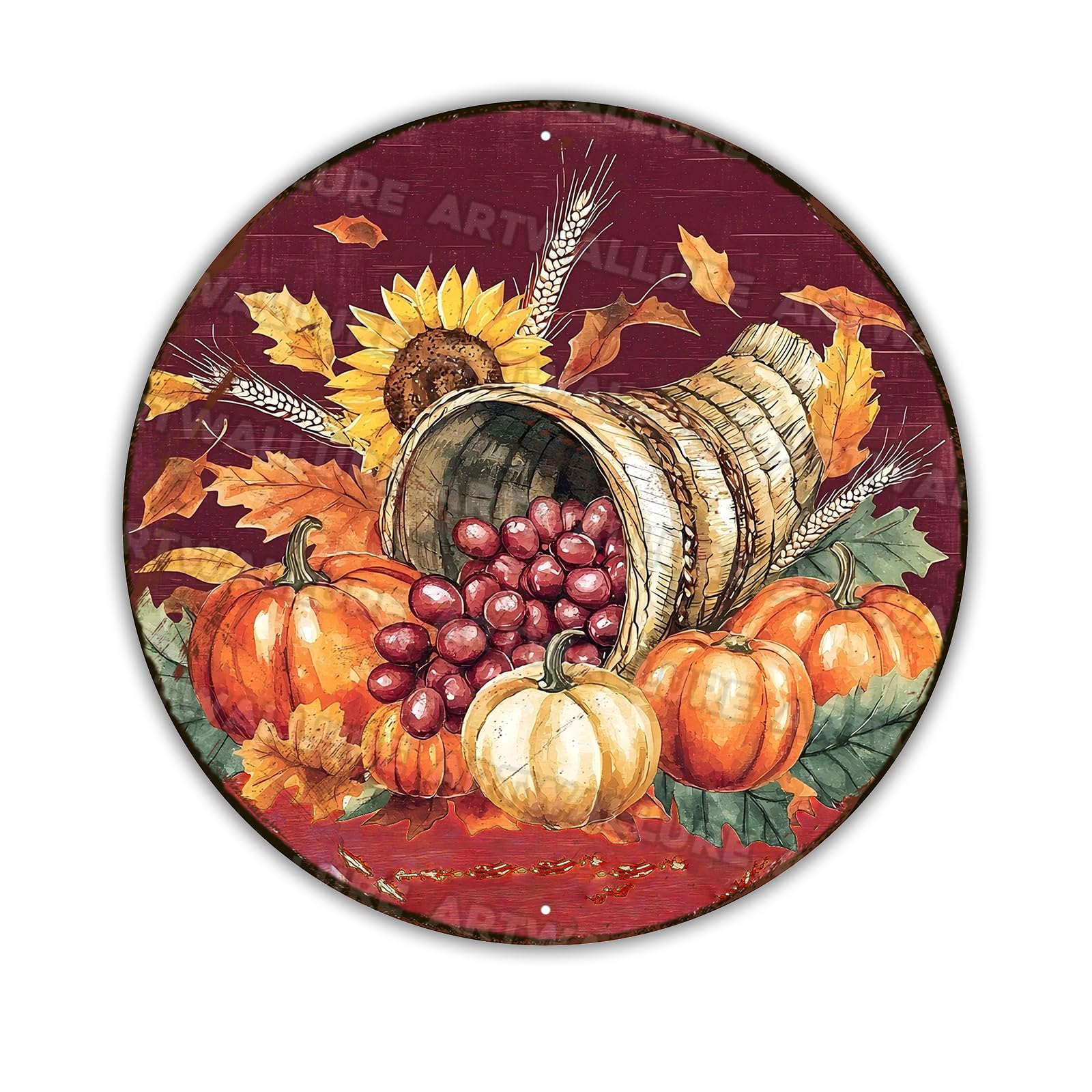 Round Fall Pumpkins Wreath Sign Thanksgiving Pumpkin Cornucopia Metal Tin Sign for Home Livingroom Coffee Bar Farmhouse Idyllic Wall Art Decor Gift 8x8inch