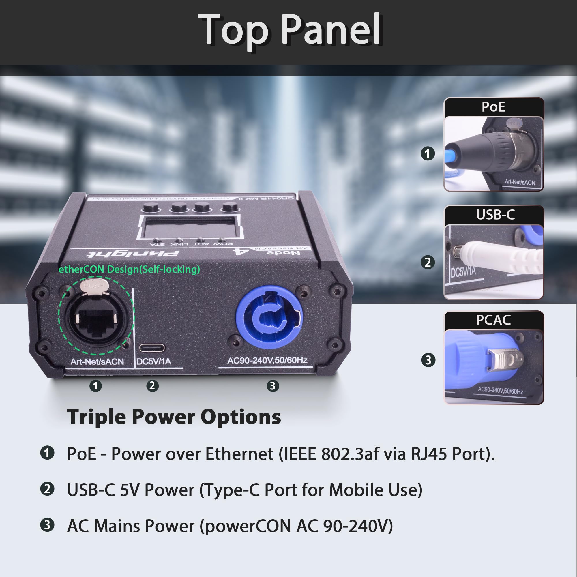 Pknight Convertitore Art-Net/sACN DMX512 a 4 porte bidirezionale, un nodo compatto con PowerCON, PoE e USB-C per l’illuminazione scenica – CR041R MK II