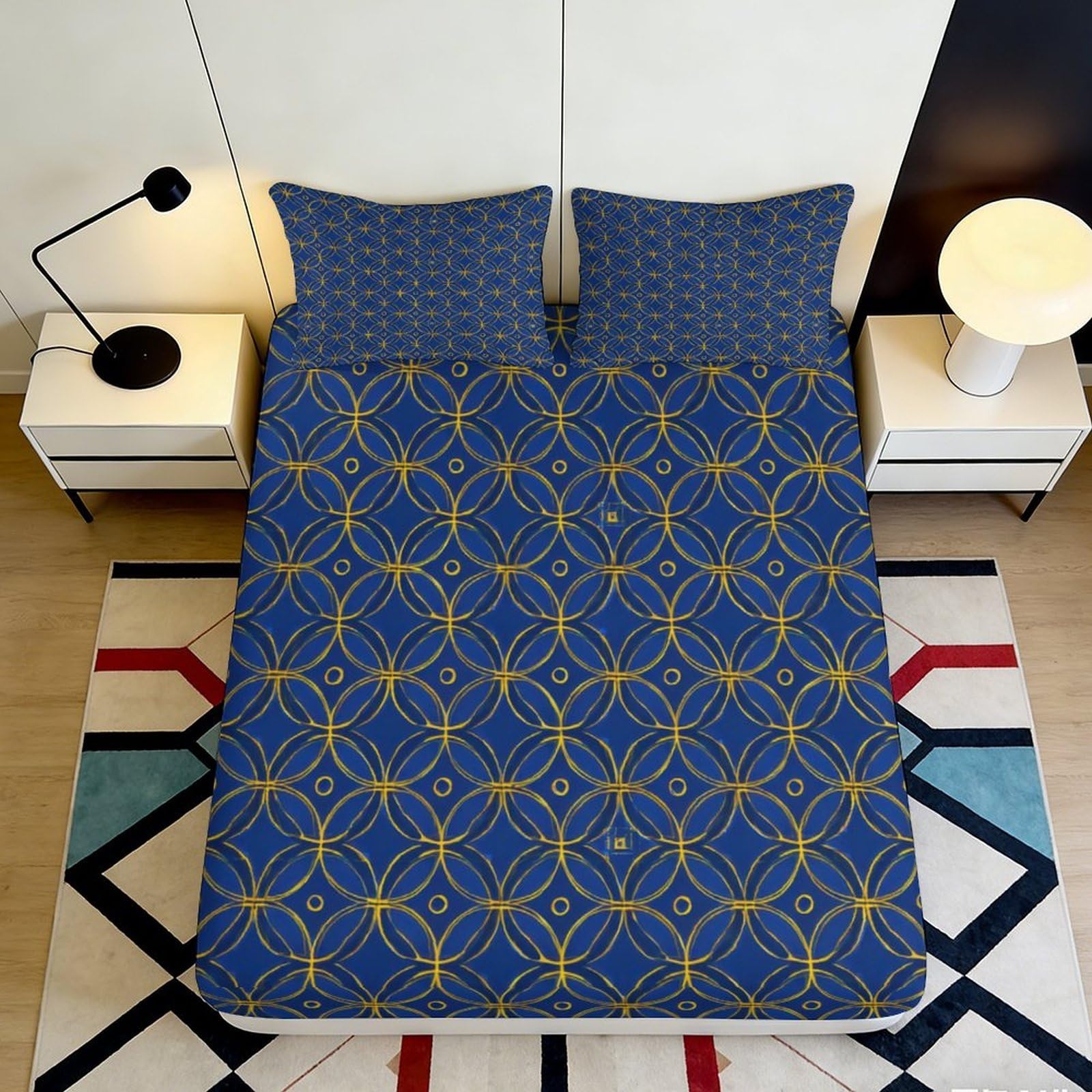 3D Printed Geometric Blue Fitted Sheet Microfiber Soft Breathable Gold Lattice Bed Cover for Bedroom Guest Room Mattress Protection Decor 90x200x25cm