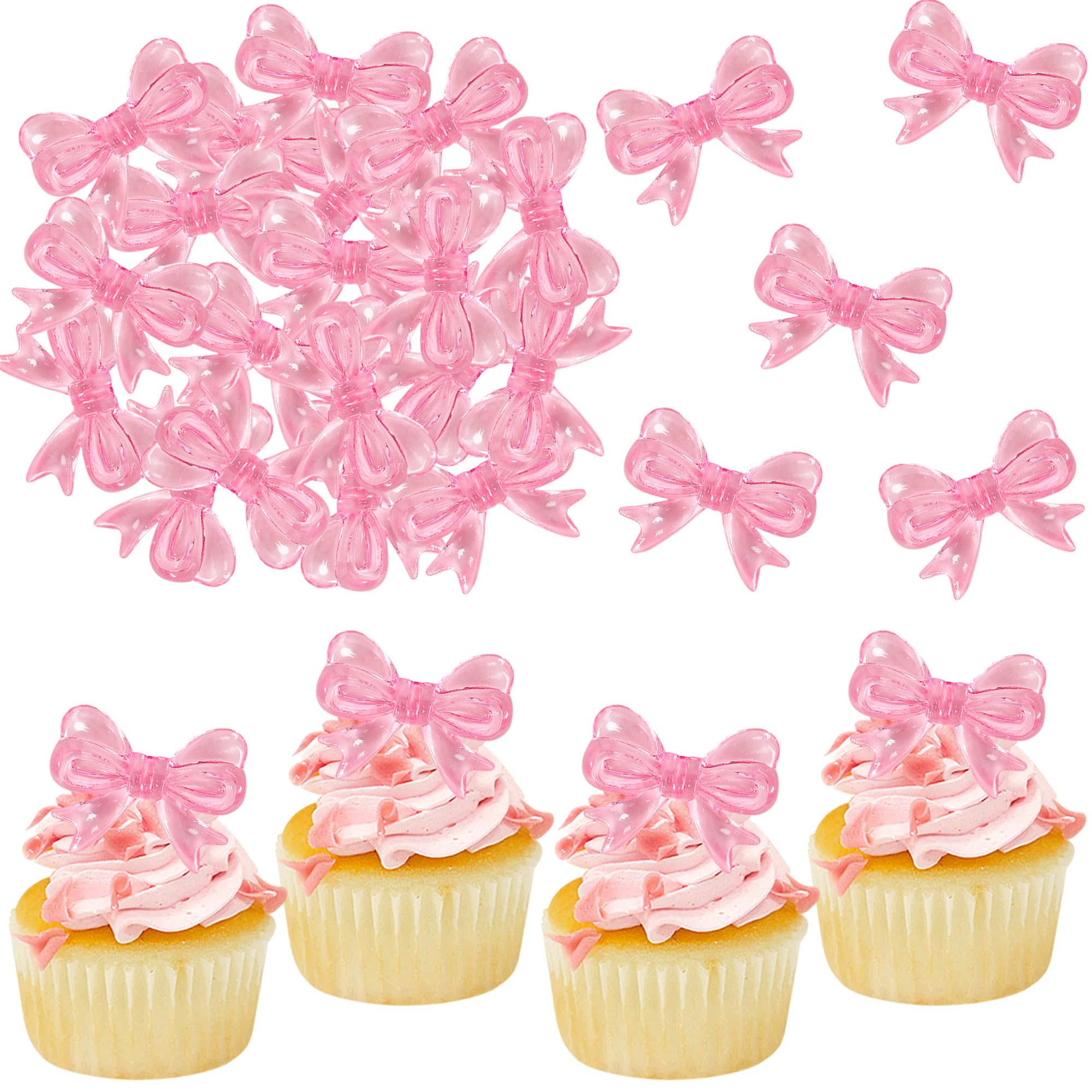 30 PCS Bow Cupcake Toppers Bowknot Coquette Pink Bow Girls Birthday Cake Decorations Bow Cake Toppers Bowknot Cupcake Picks for Baby Shower Birthday Wedding Bridal Engagement Party Supplies
