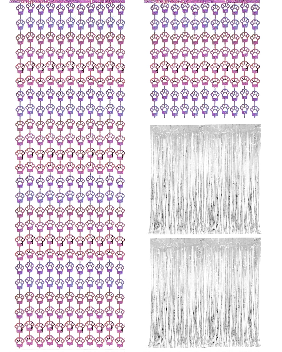 4 Pcs Cat Birthday Decorations - 2 Pink Paw Foil Fringe Curtains & 2 Silver Tinsel Backdrops for Cat Party Decorations Supplies Pet Themed Party Decor