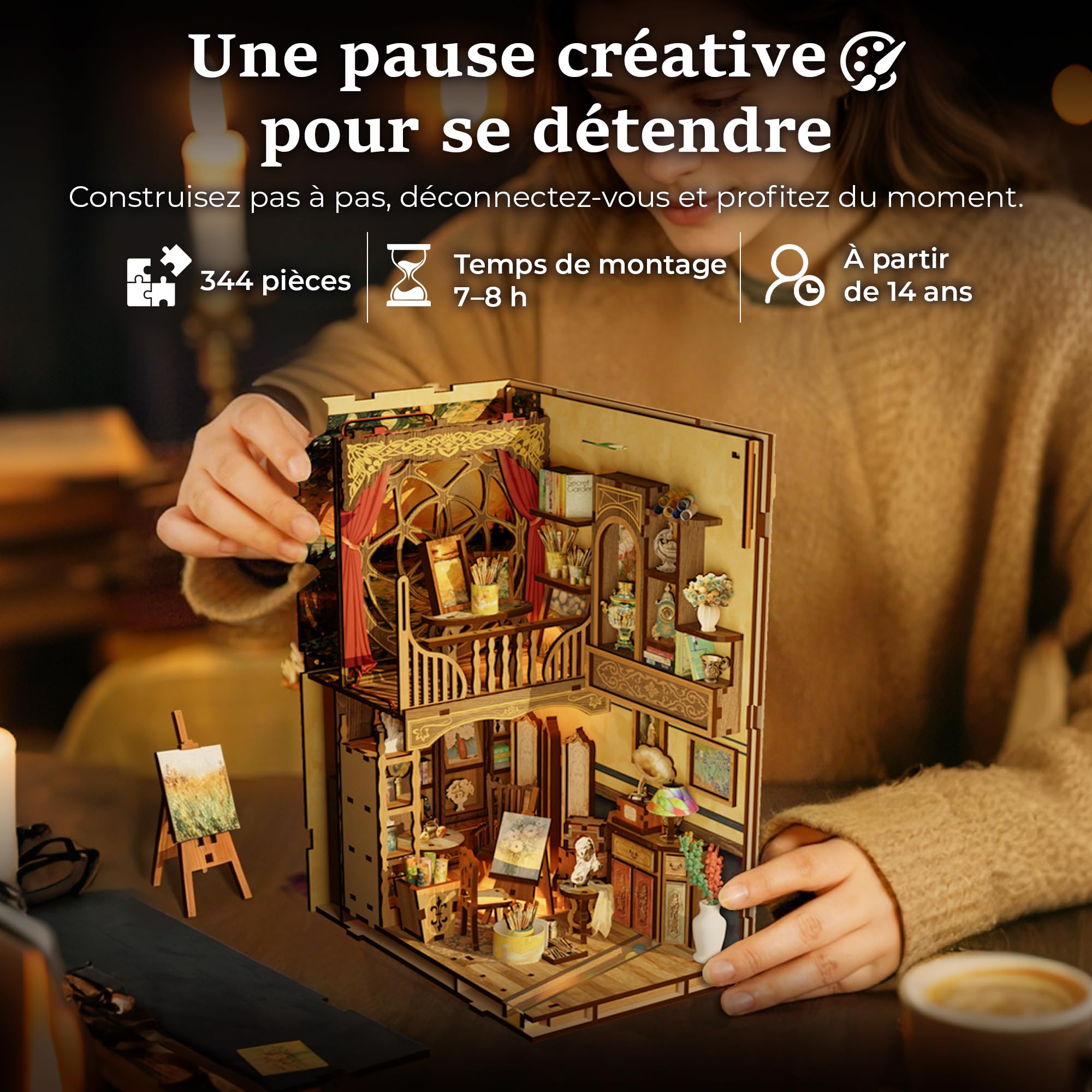 Book Nook Atelier d’Artiste en Bois avec LED, Puzzle 3D DIY
