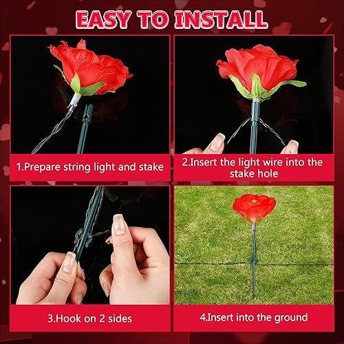 Miniatura 7 de Enhon Luces de camino de flores para el día de San Valentín, 8 modos de luces de estaca de flores cálidas rojas y rosas, 16.5 pies, 20 luces LED