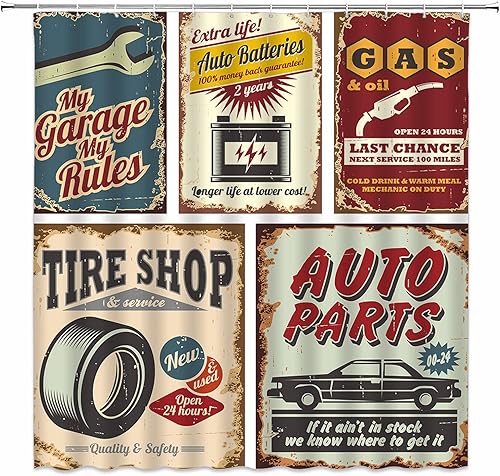 Cortina de ducha para coche, estilo retro de los años 50, accesorios de coche antiguos, póster de reparación estadounidense, letra, decoración de