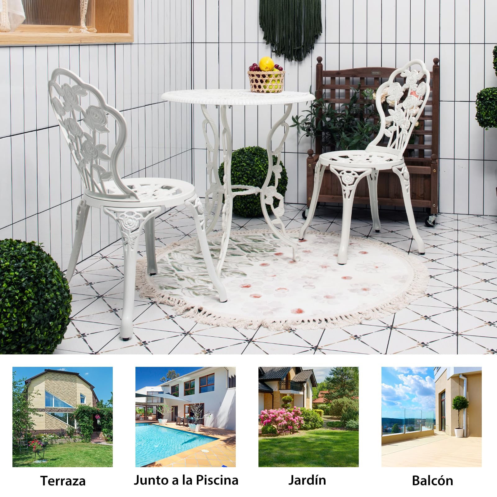 COSTWAY Conjunto de Mueble para Jardín con 1 Mesa y 2 Sillas de Fundición y Aluminio para Terraza Exterior Patio (Blanco)