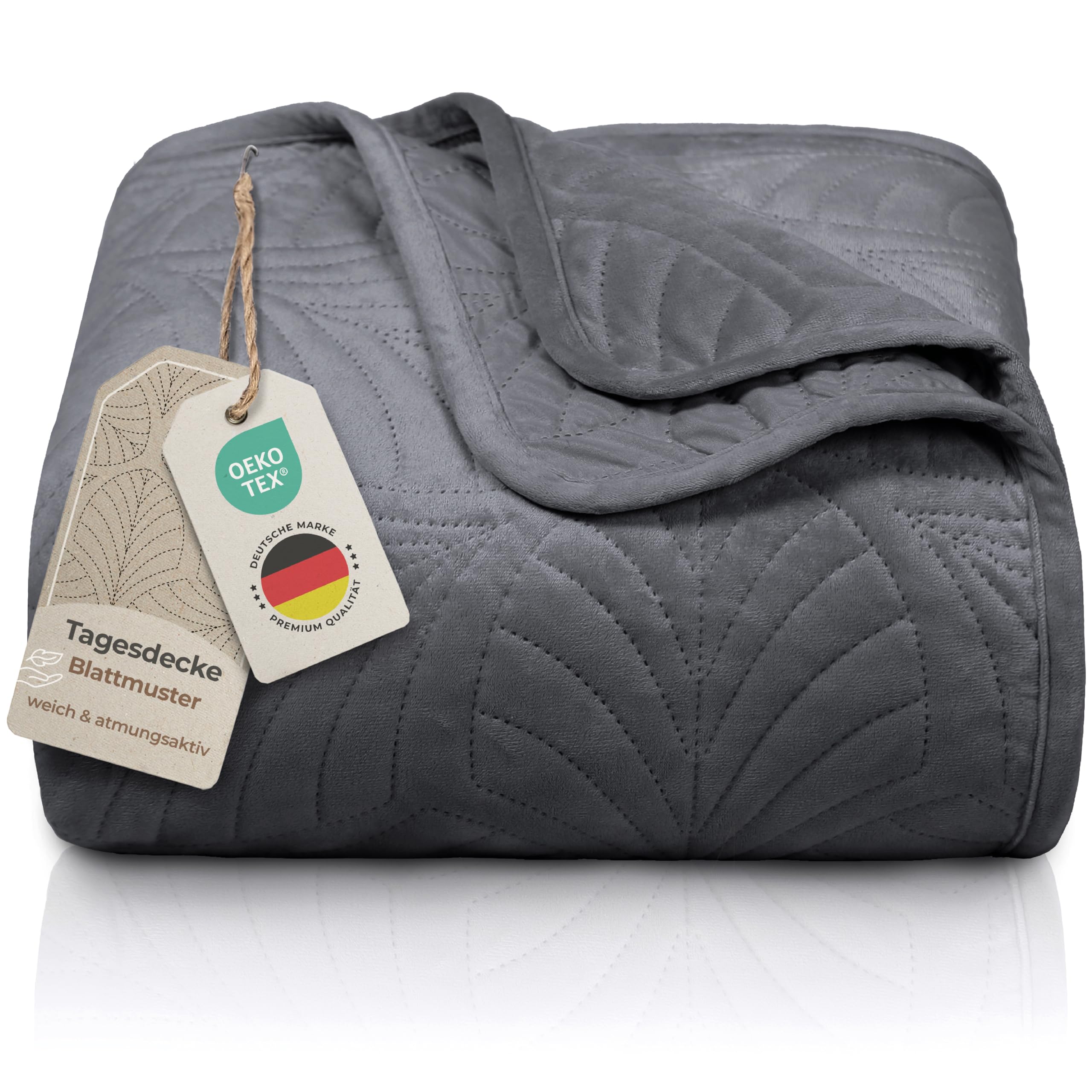 Gräfenstayn Premium Tagesdecke 200x220 cm – Bettüberwurf mit Nahtloser Steppung & Blatt-Design – Samt-Decke – weich, knitterfrei & pflegeleicht – Überwurf für Bett & Sofa (anthrazit)