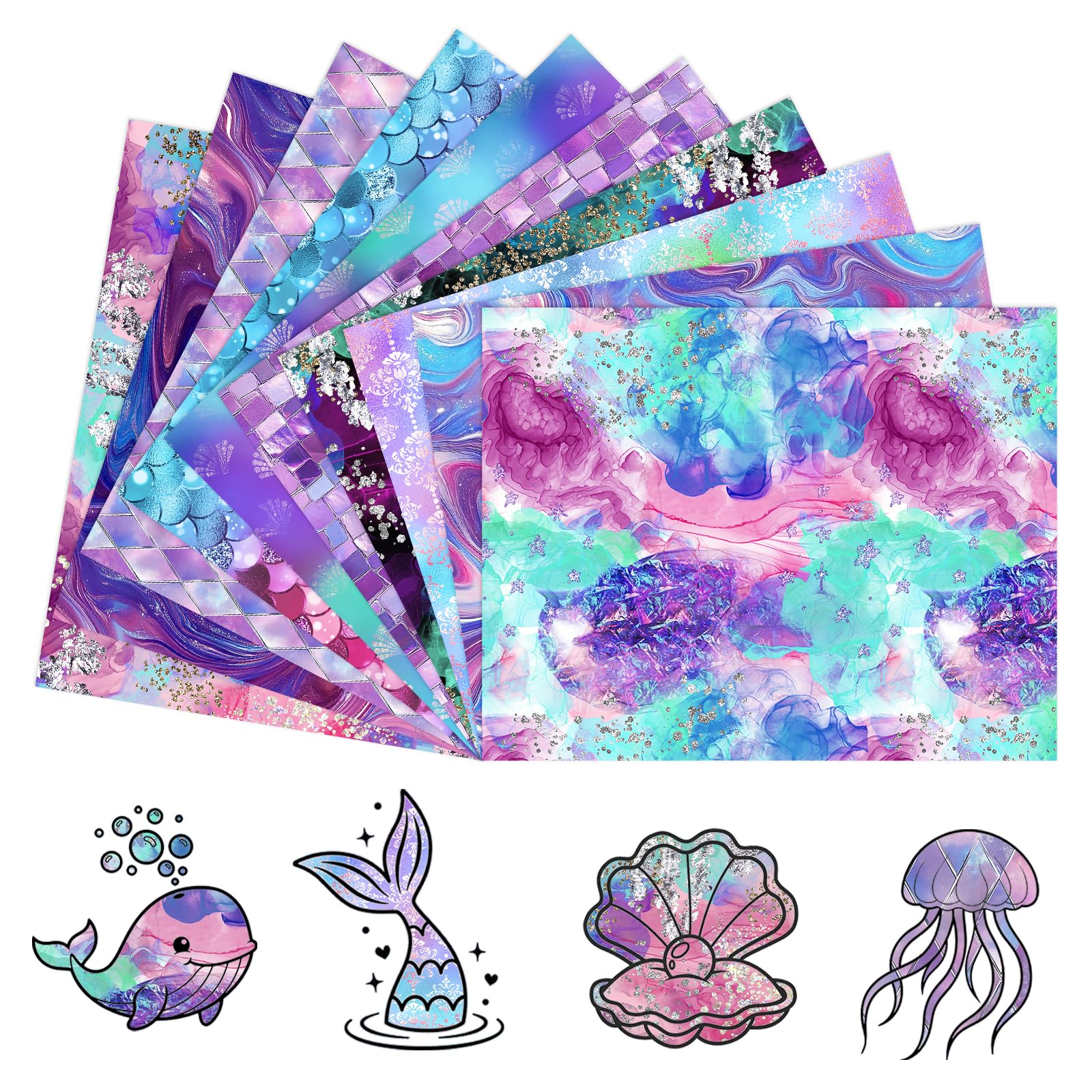 Tintnut Deep Sea Mermaid HTV Heat Transfer Vinyl:10 Sheets 12" x 10" Inch Mermaid Style Iron on Vinyl Heat Transfer Vinyl for Apparel and Gift Creation