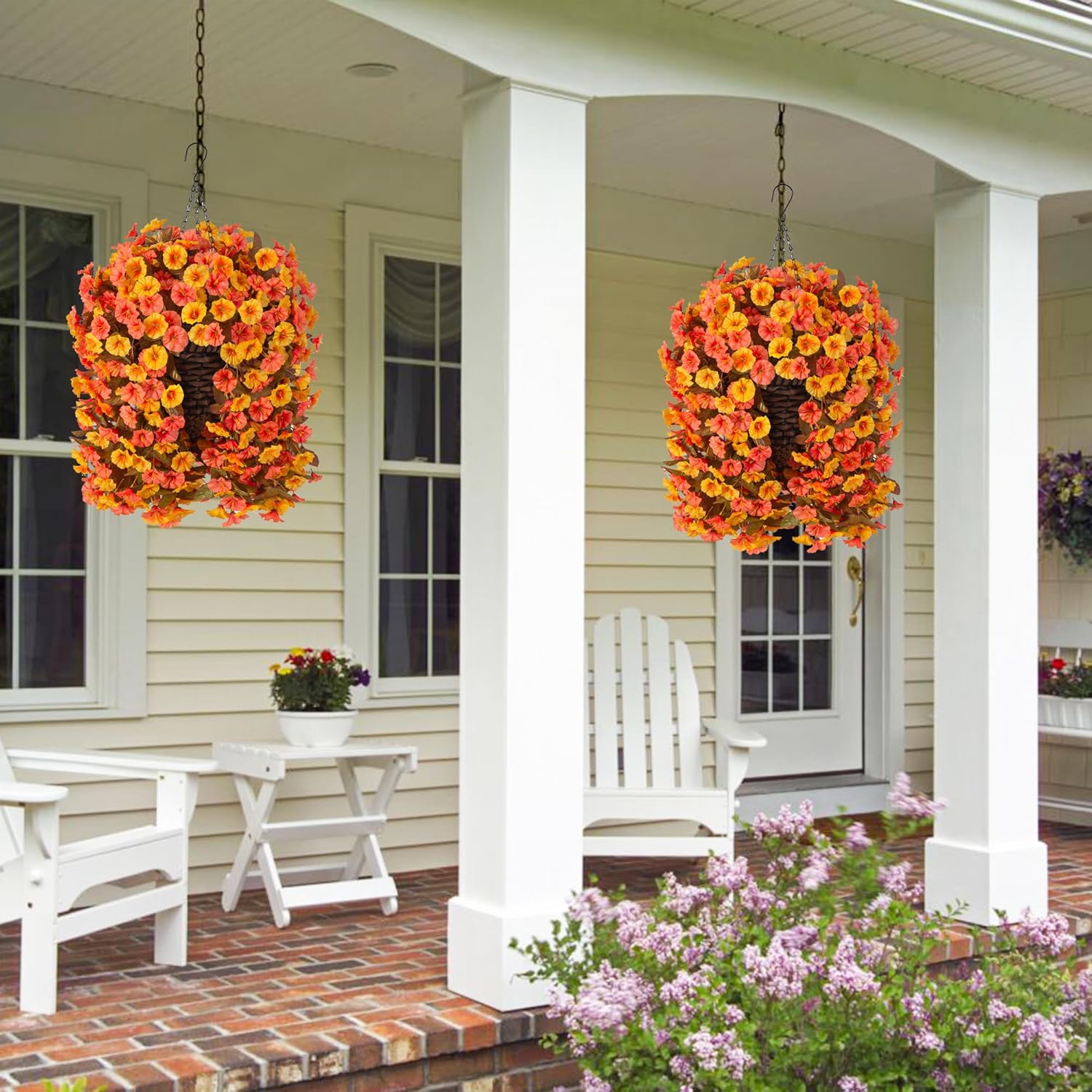 Artificial Fall Fake Hanging Flowers Plants Basket for Outdoor Autumn Decoration, Faux Silk Morning Glory Long Stems Vines Realistic UV Resistant for Outside Home Porch Garden (Fall Orange+Yellow) - Image 6