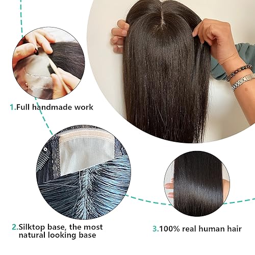Miniatura 3 de Briiwii Toppers de cabello humano para mujer de 20 pulgadas, base de seda de 6 x 6.5 pulgadas con trama para mujeres con pérdida de cabello, cabello