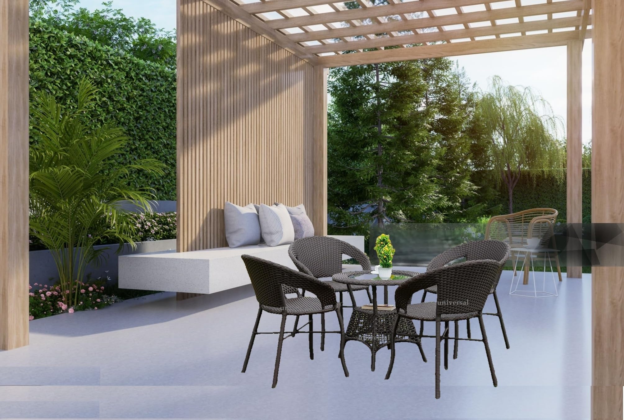 UF Outdoor Rattan Wicker Patio Bistro Set with Glass Top Table All-Weather Wicker, Garden Backyard Balcony Porch Poolside Furniture (Brown, 4 Seater)