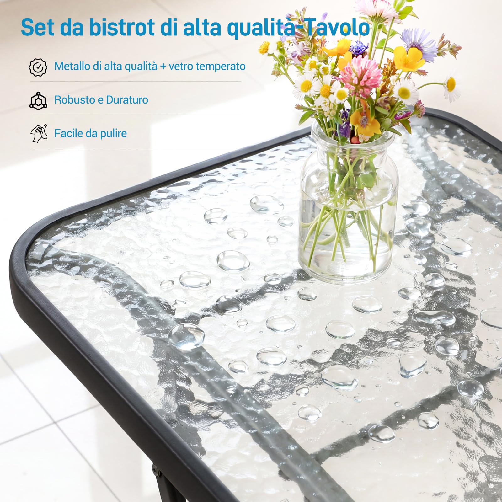 LIFERUN Set da Bistrot 3 Pezzi, Set Mobili Pieghevoli Include 1 Tavolo e 2 Sedie, Resistente alle Intemperie e Traspirante, per Piccoli Balconi e Giardini, Nero