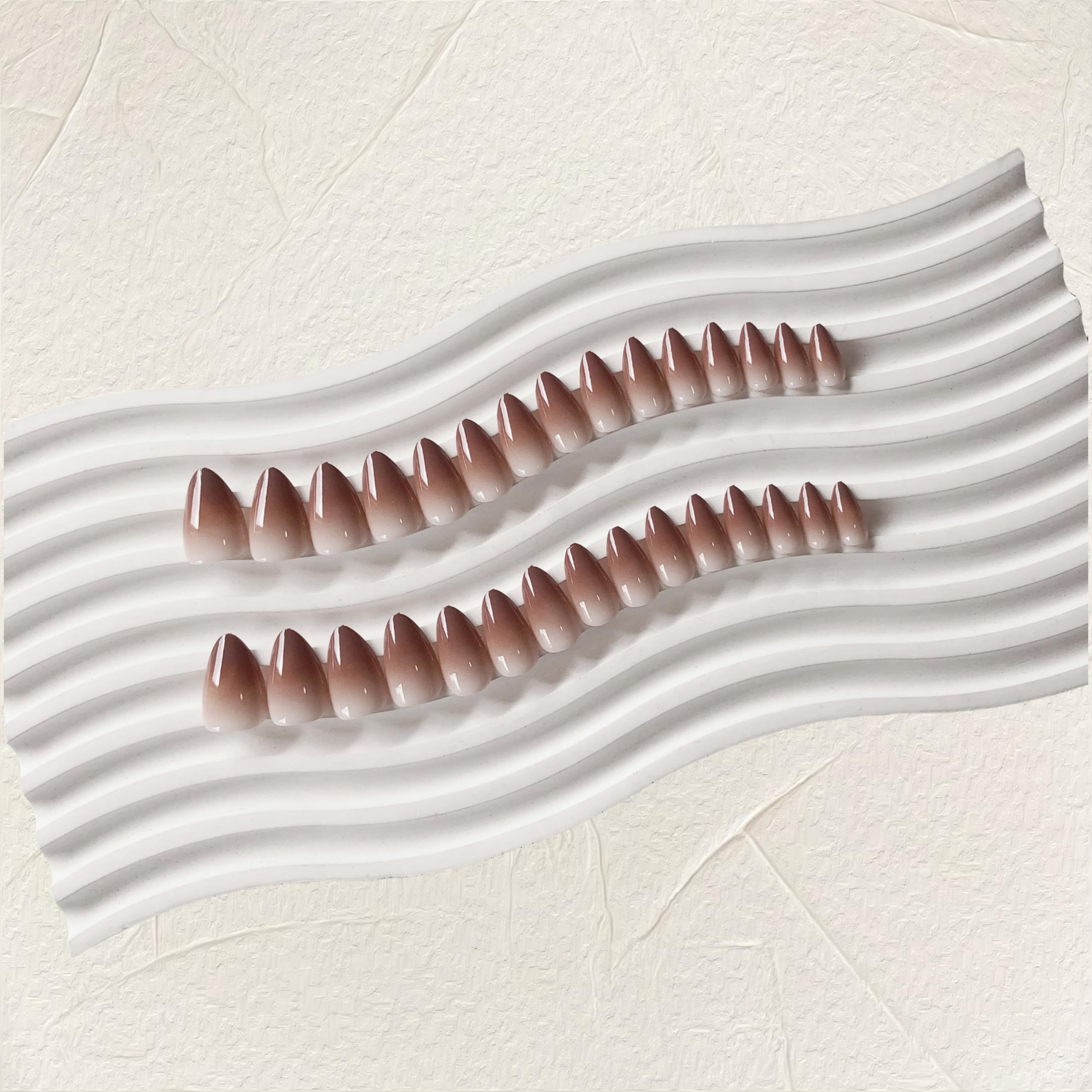 Ombre French False Nails Short Almond, SXVME French Press on Nails short, Gradient Brown Full Cover Fake Nails Almond - Image 3