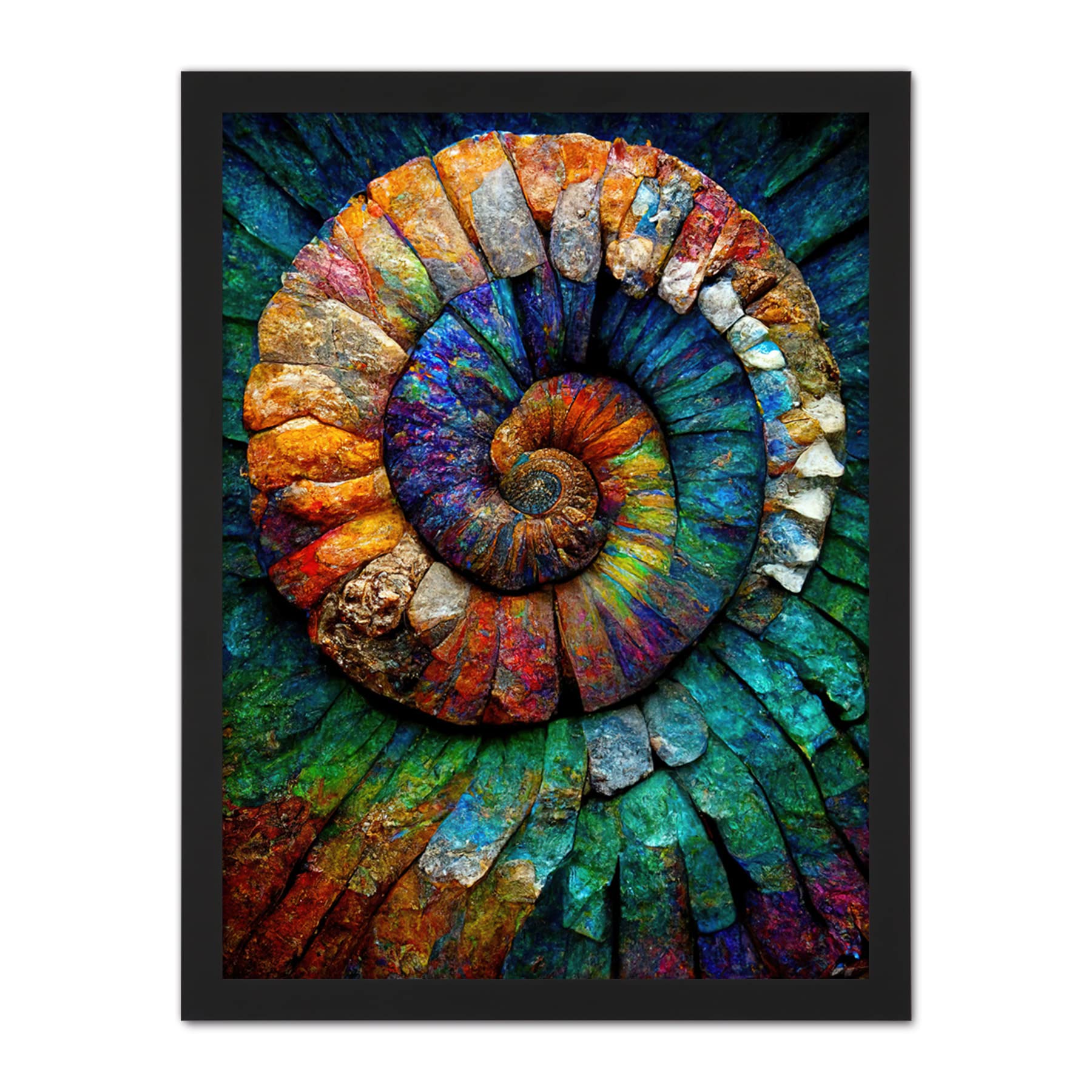 Doppelganger33 Ltd Framed Black 18X24 Bright Multicoloured Ammonite Fossil Artwork Framed Wall Art Print 18X24 Inch