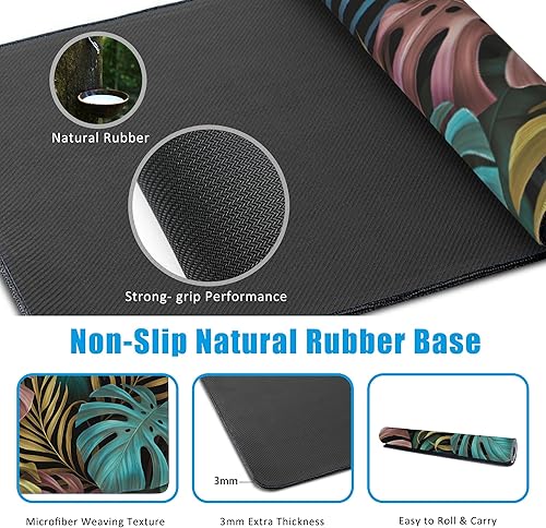 Miniatura 5 de Alfombrilla de mouse grande para juegos con hojas de palmera tropicales coloridas, tapete de escritorio impermeable para escritorio, base de goma