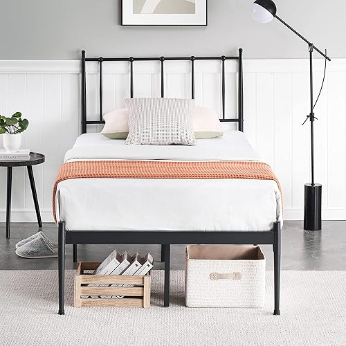 ELETHEBIA Base de cama de metal tamaño Queen con cabecera victoriana y base de colchón de estribo, no necesita somier