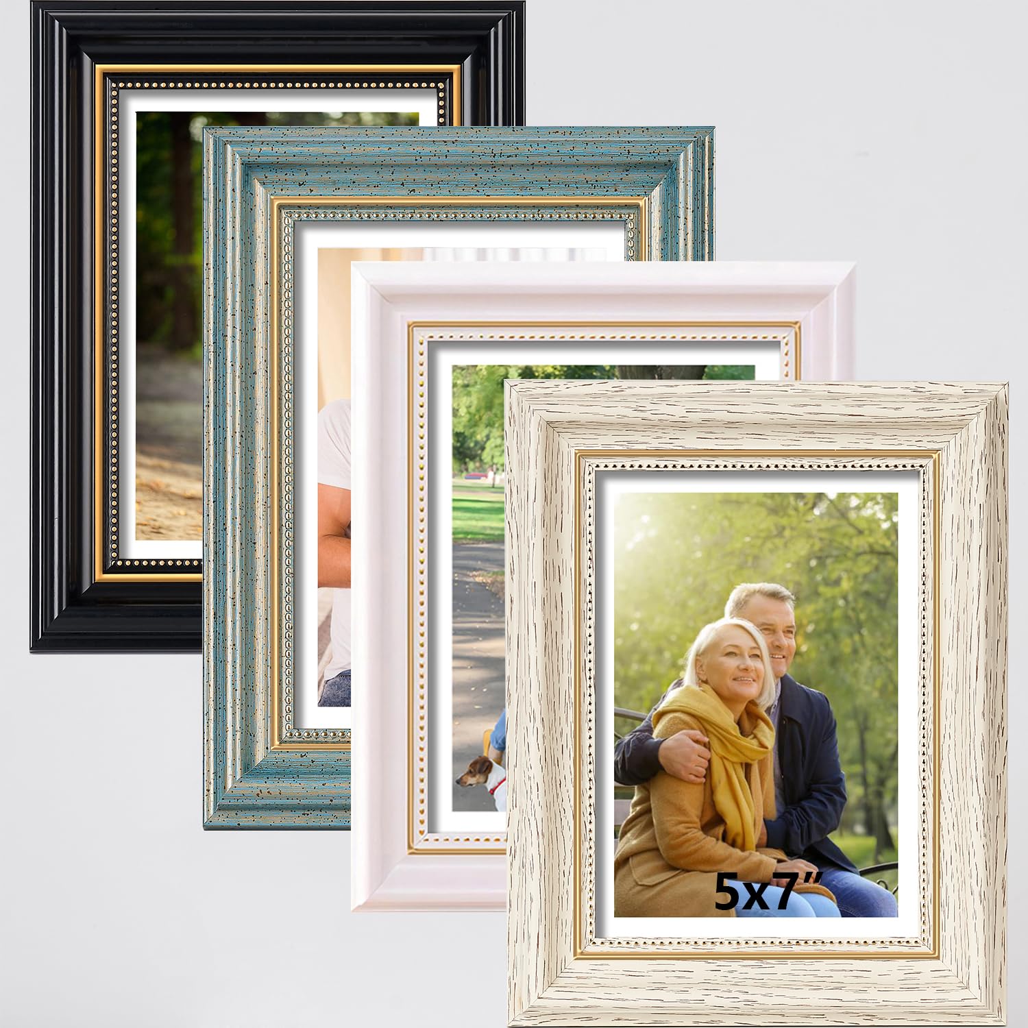 5x7 Picture Frames classic series 4 Pack,Made of Solid Wood and HD plexiglass,Distressed Vintage Wooden Photo Frame Set, Display Picture 5x7 or 4x6 with Mat,Ideal Gift to Family and Friends