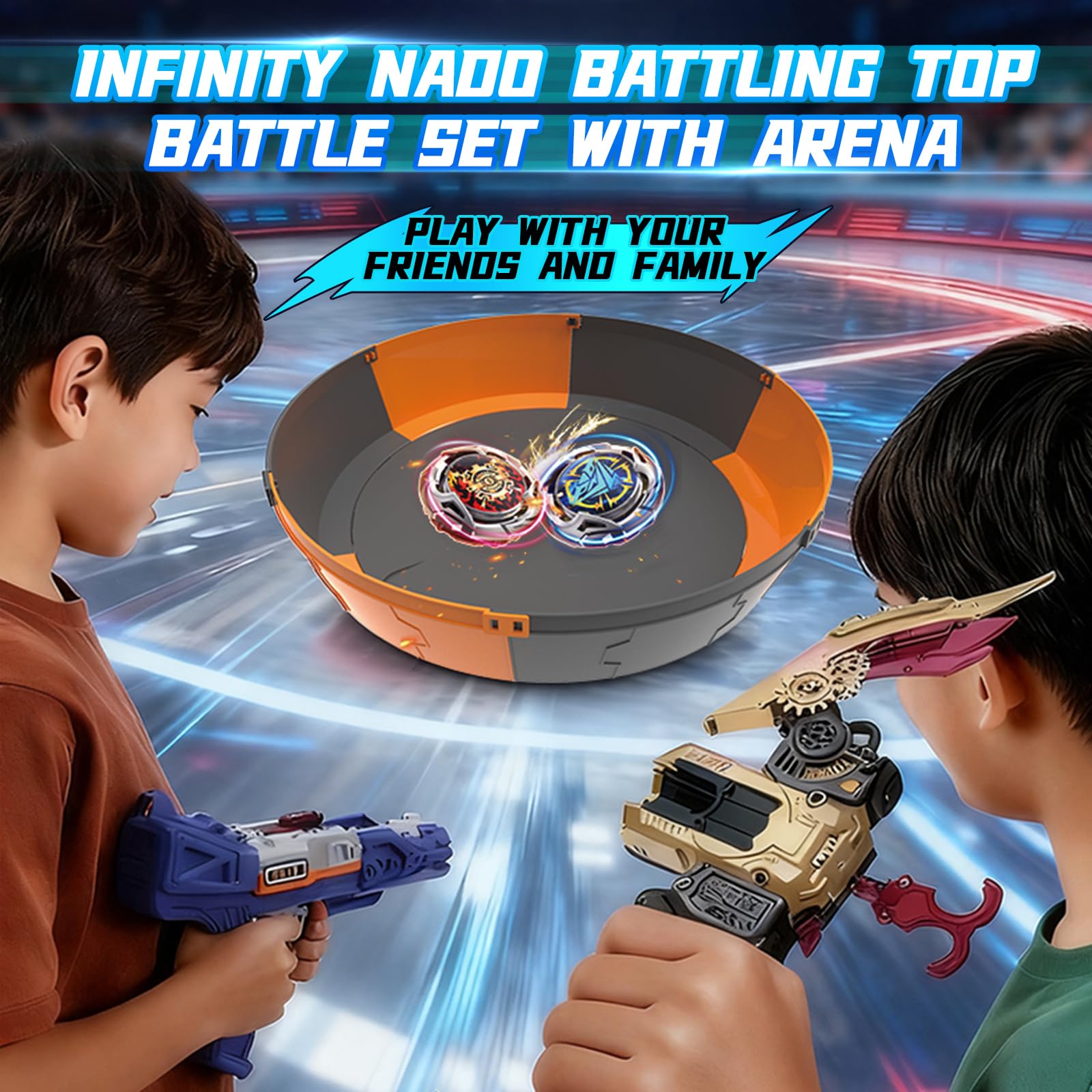 INFINITY NADO S7 Trottola con arena modulare, lanciatore pistola/arco ad accelerazione infinita, trottola in metallo Tipo difesa/resistenza Rotazione destra/sinistra,Giocattolo per bambini bambine 5+