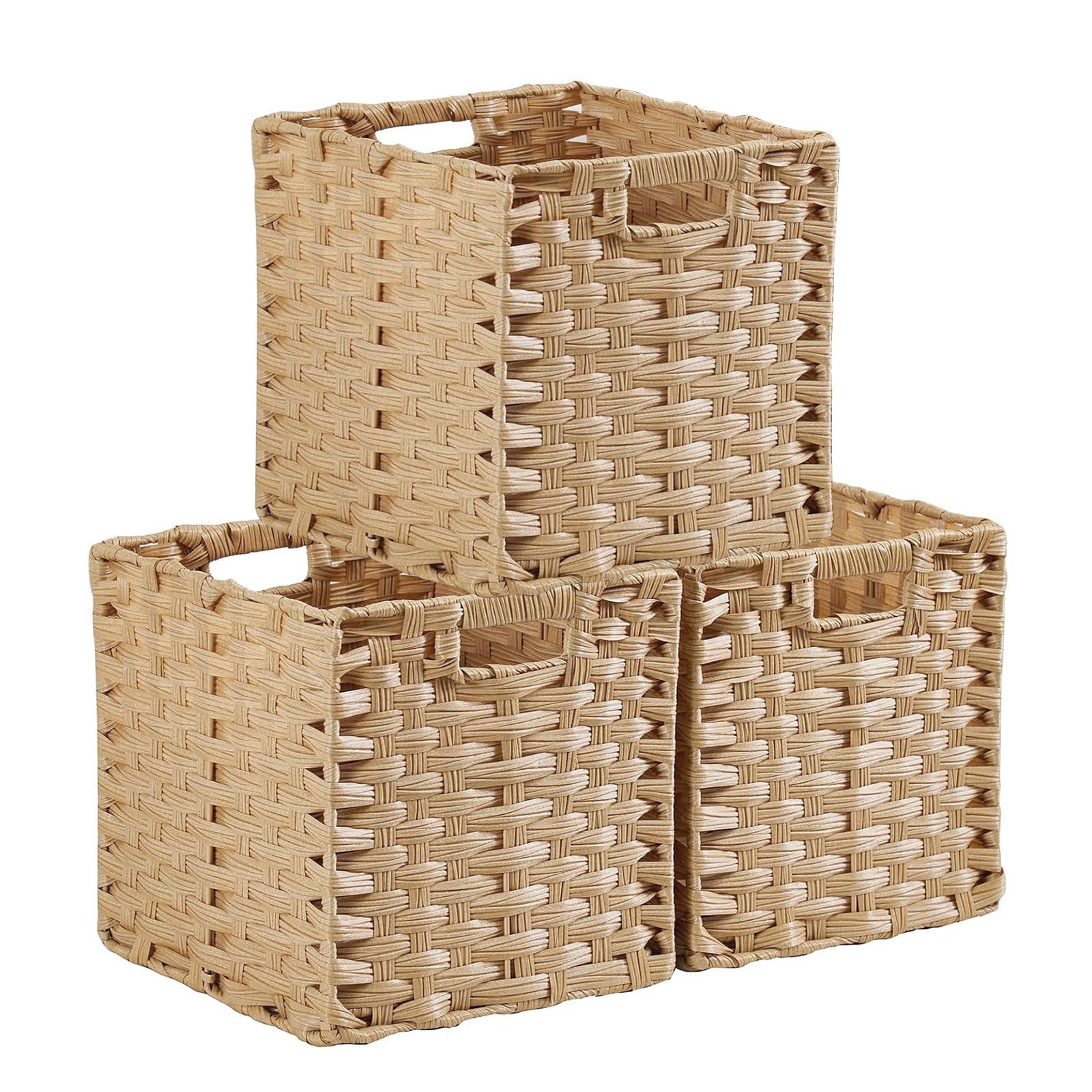 Sagittar Foldable Woven Basket Made of Imitation Rattan, 25x25x25cm Storage Basket for Pantry, Cupboard, Toy Cupboard, Shelf Basket Cube, Waterproof, Non-Mouldy, 3pcs, Beige