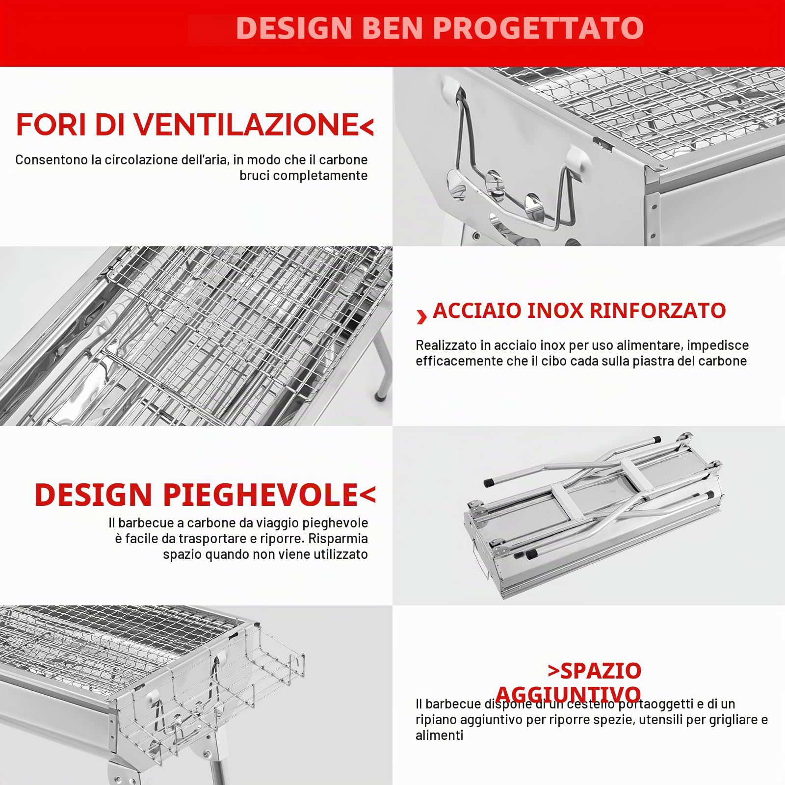 Barbecue a carbonella XXL (73 x 28 x 76 cm), portatile a carbone, pieghevole, in acciaio inox, per esterni, barbecue a carbone, griglia pieghevole